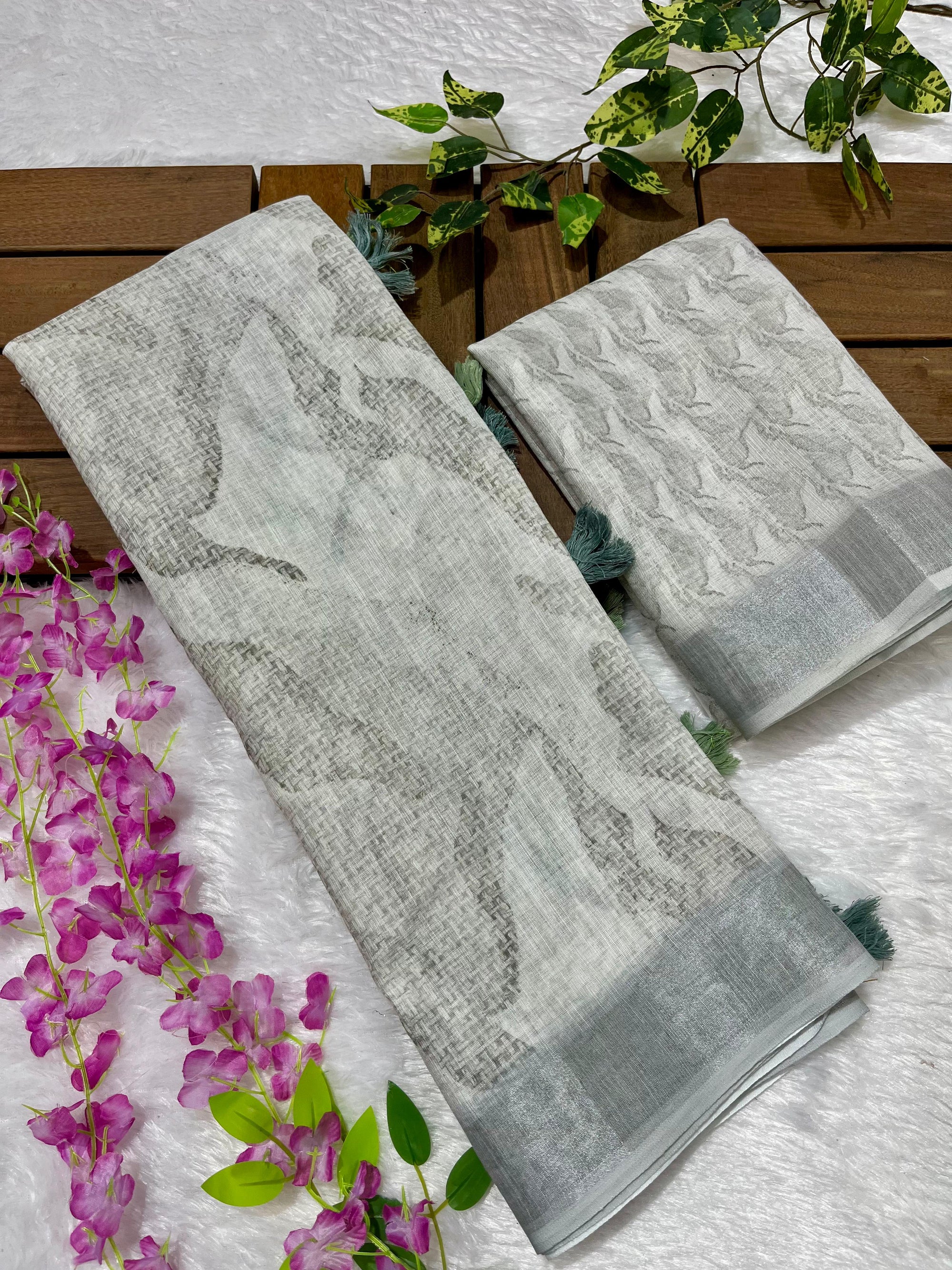 Linen Cotton Saree with Floral Digital Prints