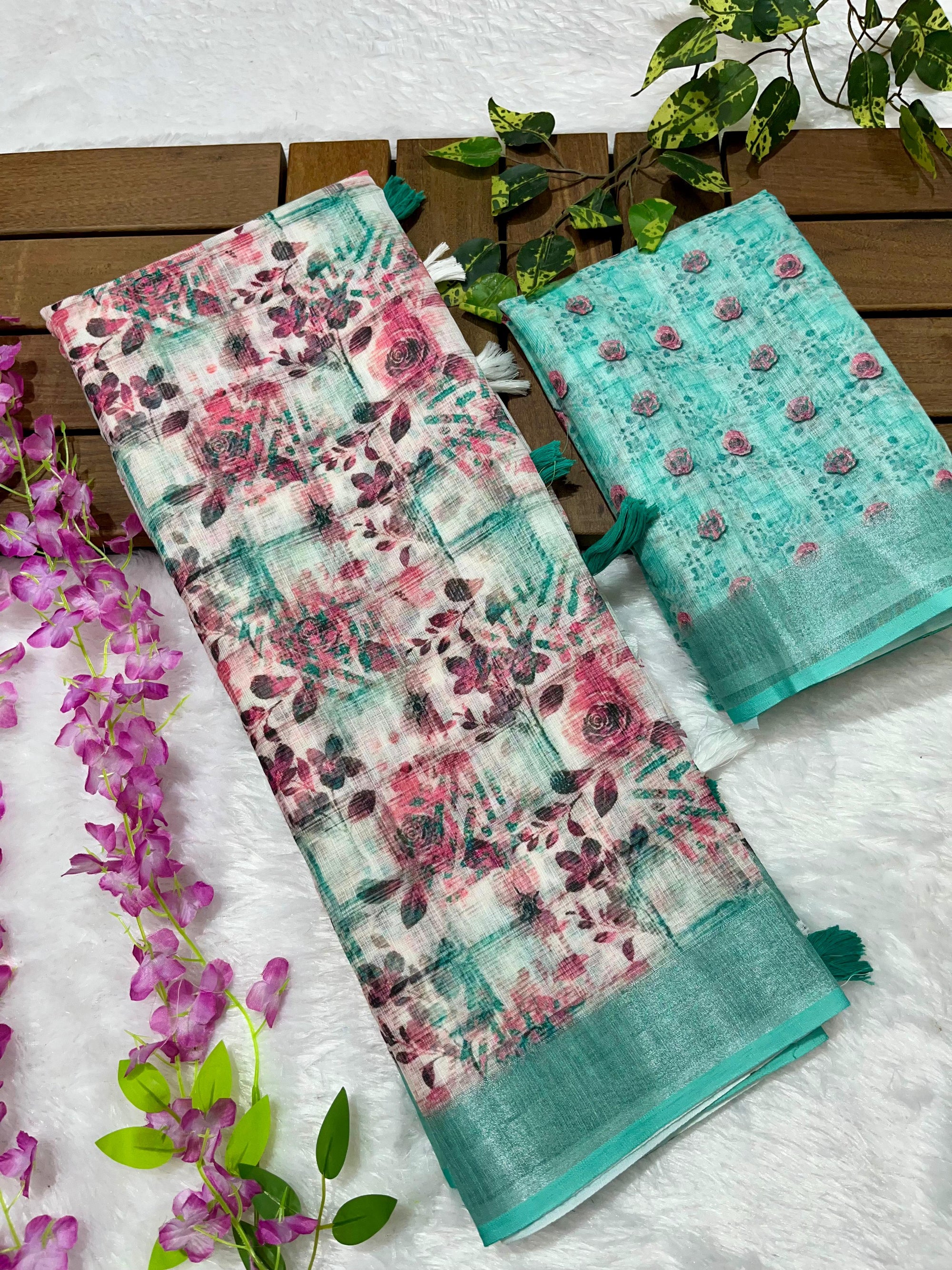 Linen Cotton Saree with Floral Digital Prints