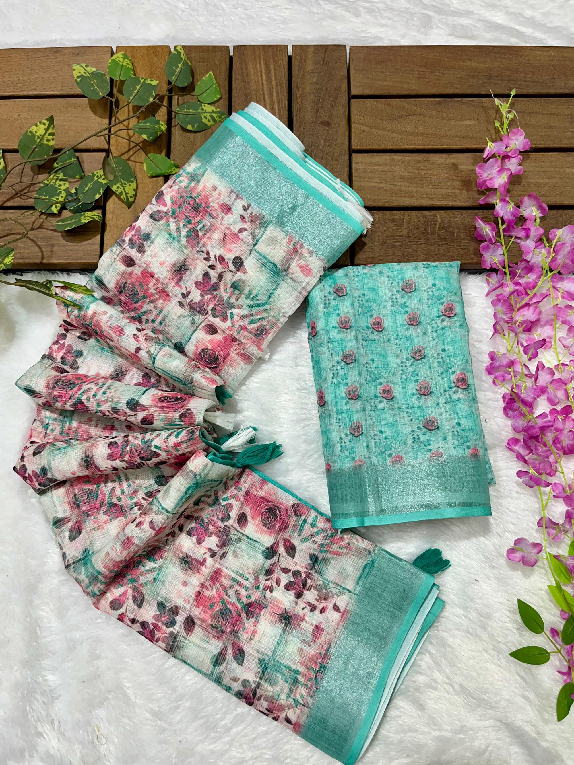 Linen Cotton Saree with Floral Digital Prints