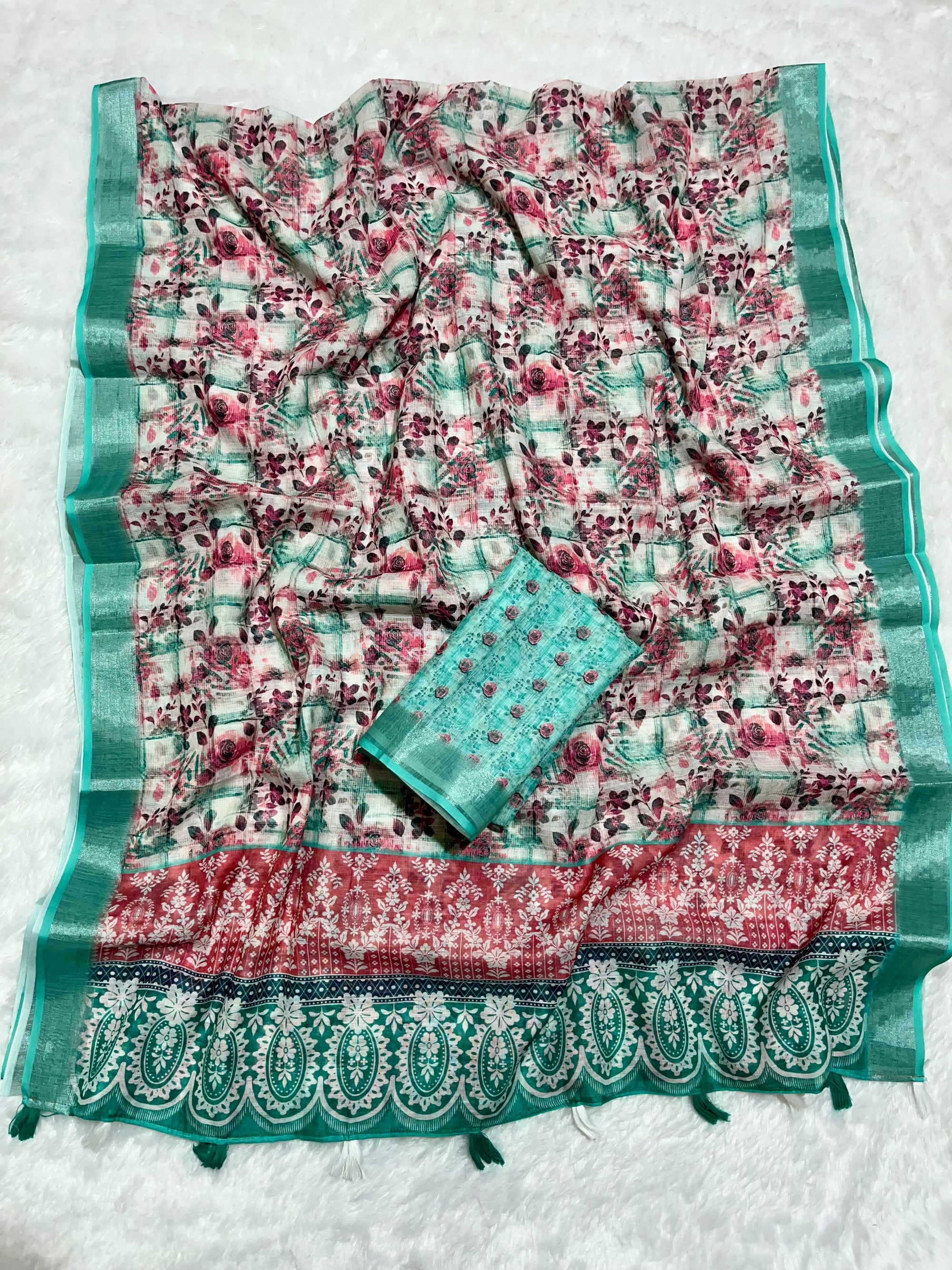 Linen Cotton Saree with Floral Digital Prints