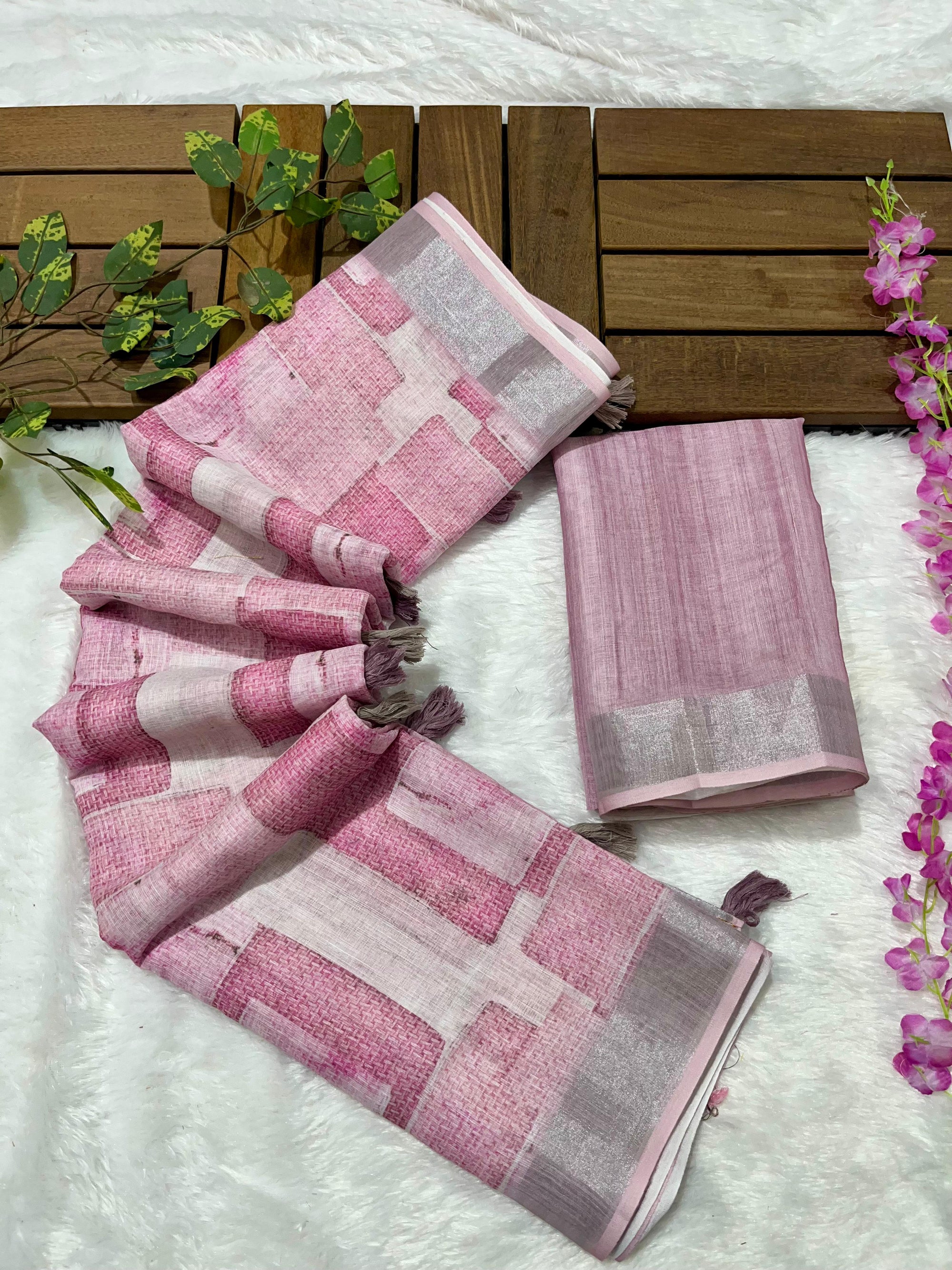 Linen Cotton Saree with Floral Digital Prints