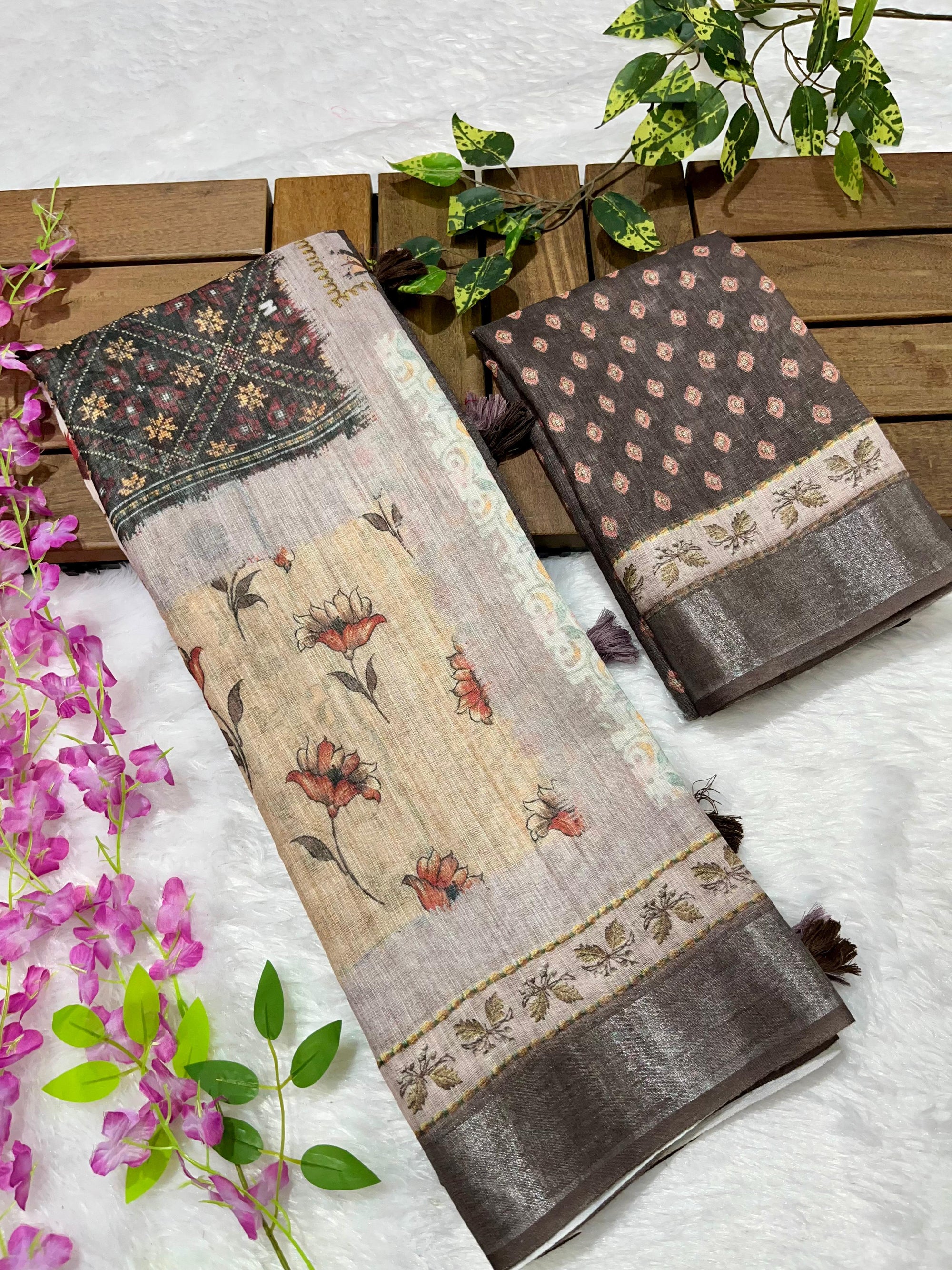 Linen Cotton Saree with Floral Digital Prints