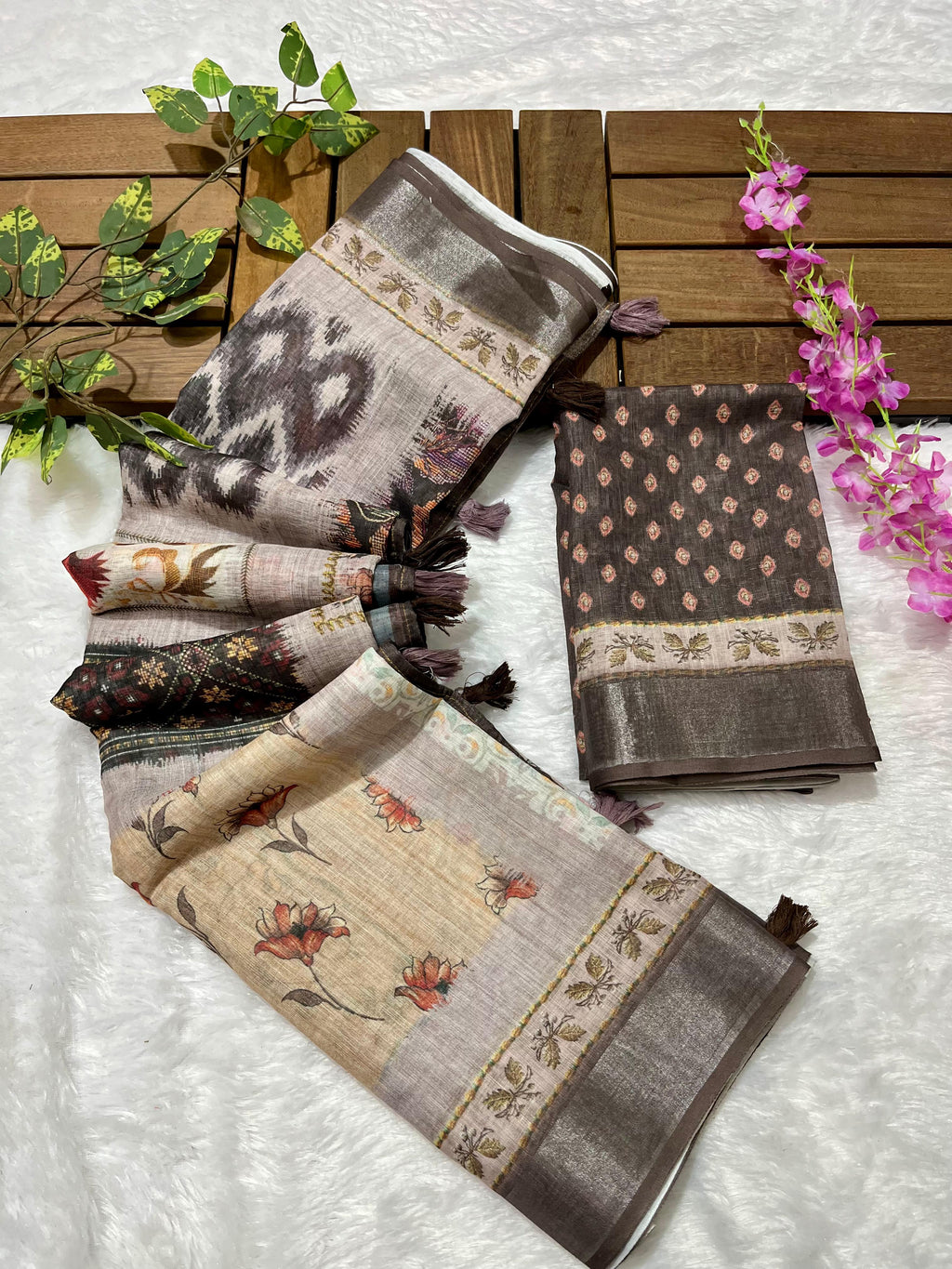 Linen Cotton Saree with Floral Digital Prints