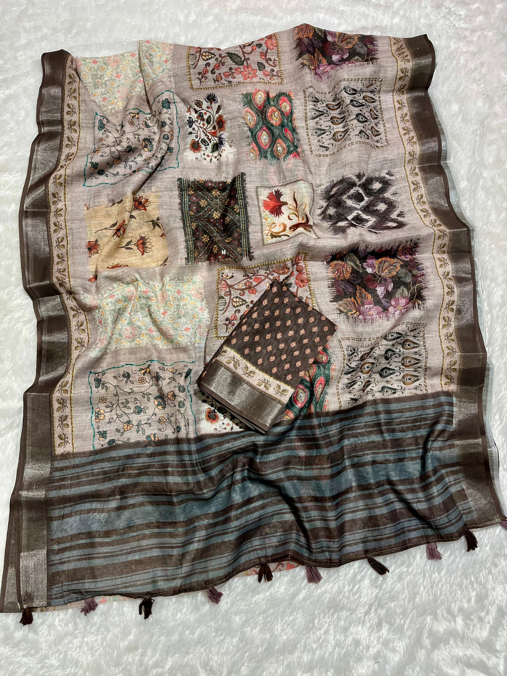 Linen Cotton Saree with Floral Digital Prints