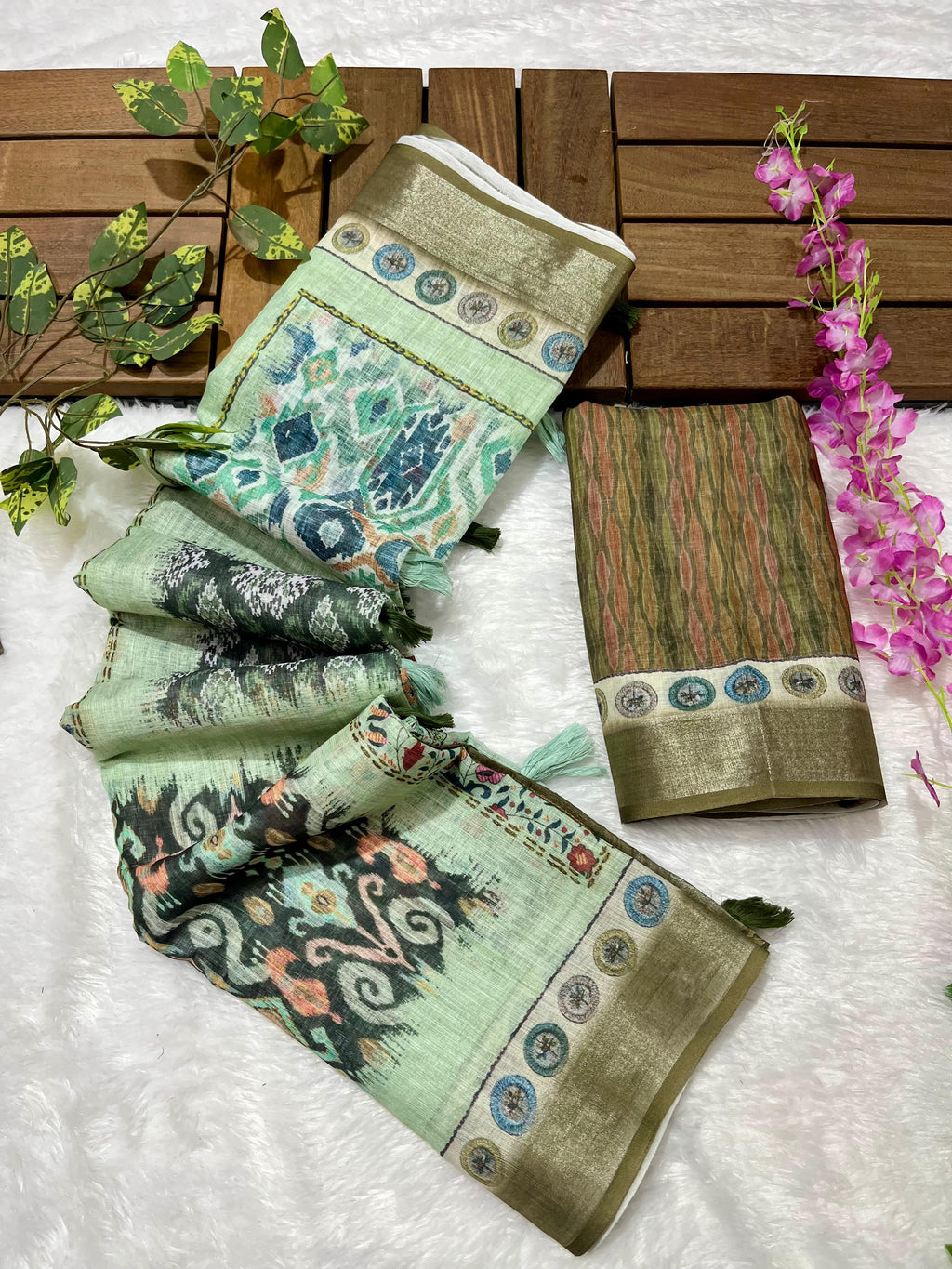 Linen Cotton Saree with Floral Digital Prints