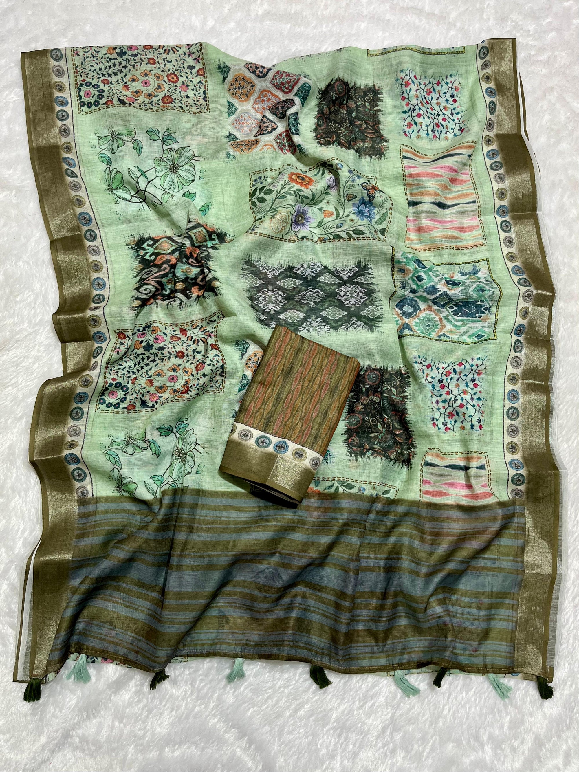 Linen Cotton Saree with Floral Digital Prints