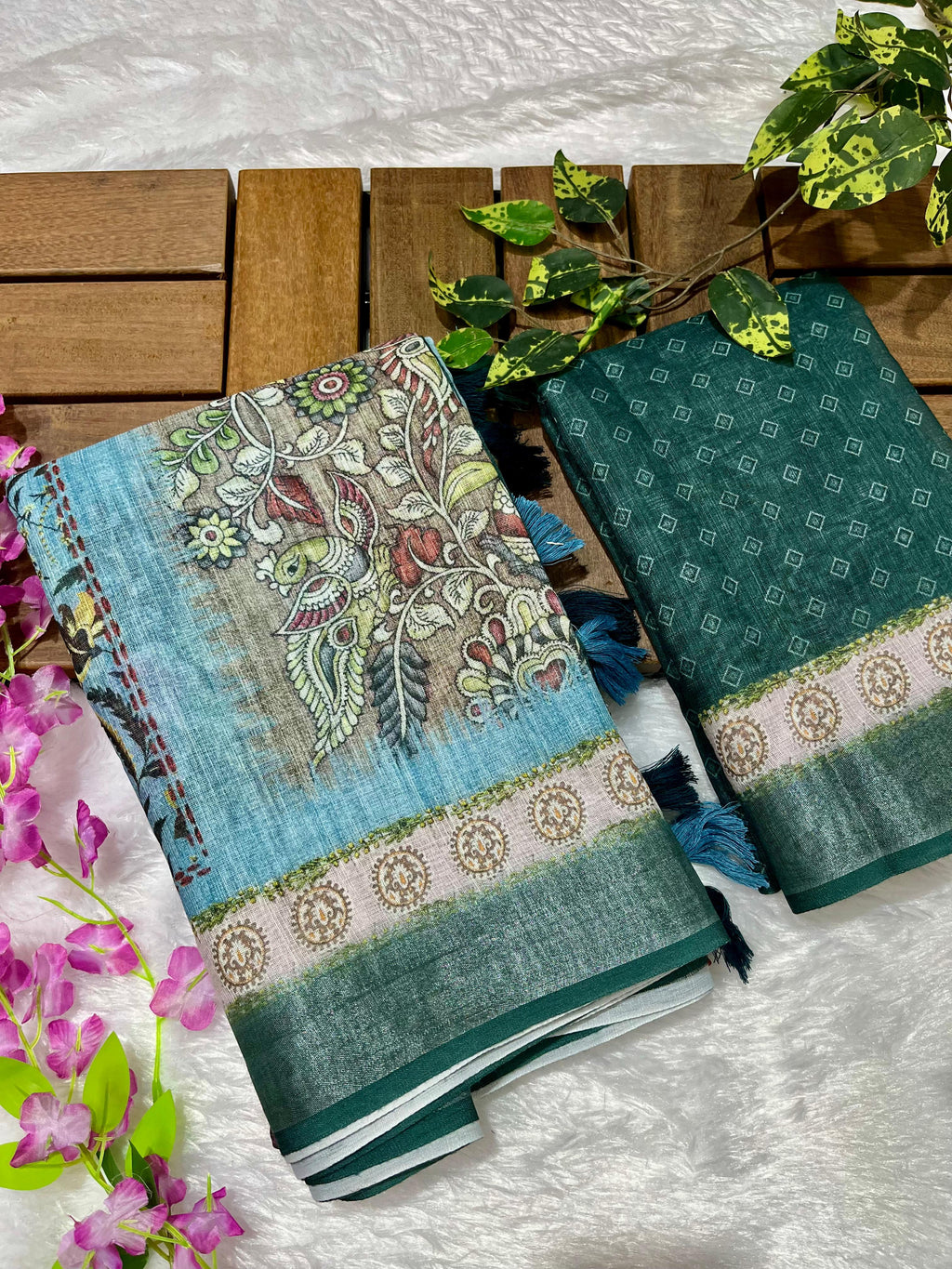 Linen Cotton Saree with Floral Digital Prints
