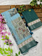 Linen Cotton Saree with Floral Digital Prints