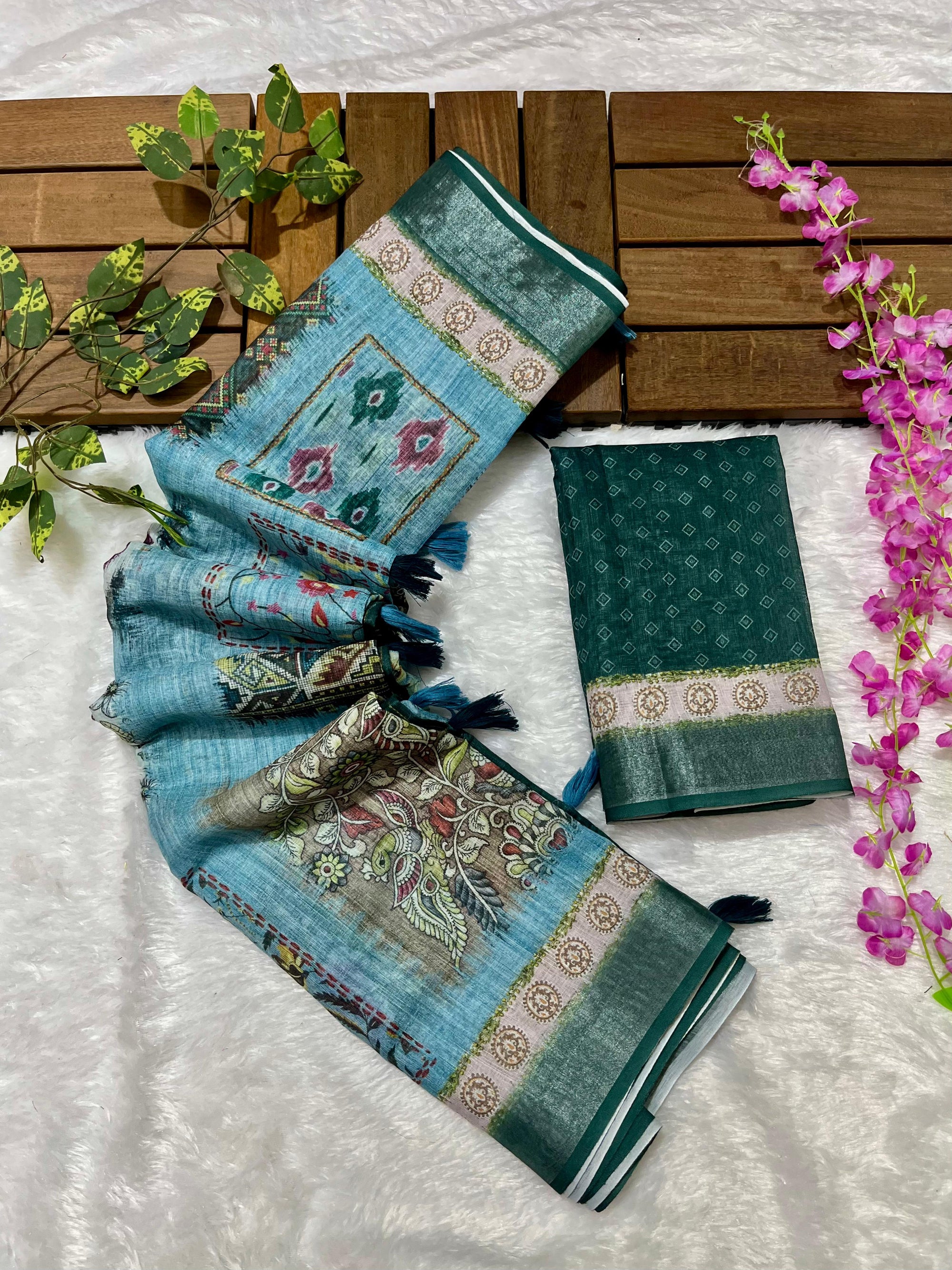 Linen Cotton Saree with Floral Digital Prints