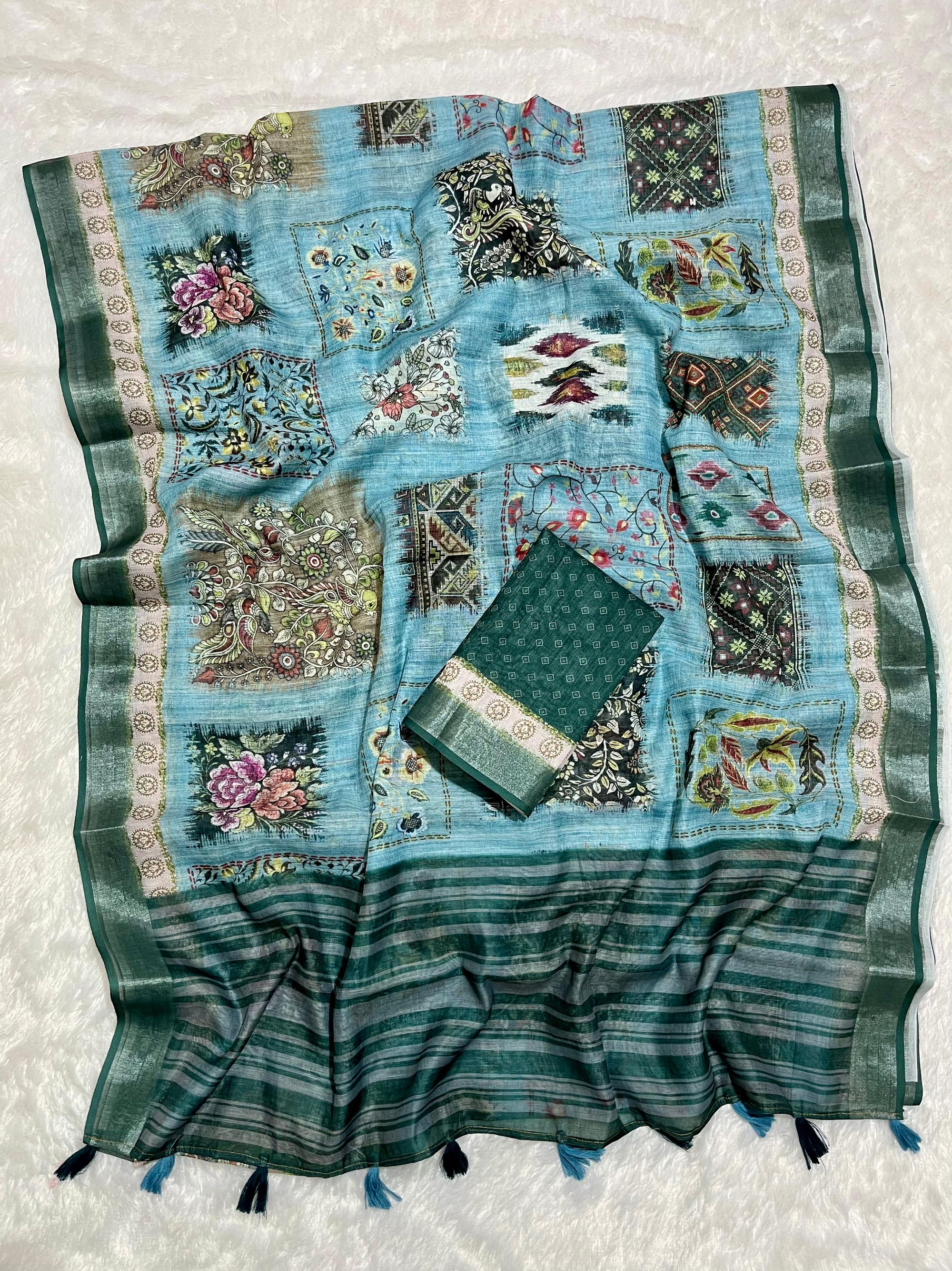 Linen Cotton Saree with Floral Digital Prints