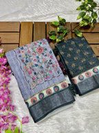 Linen Cotton Saree with Floral Digital Prints