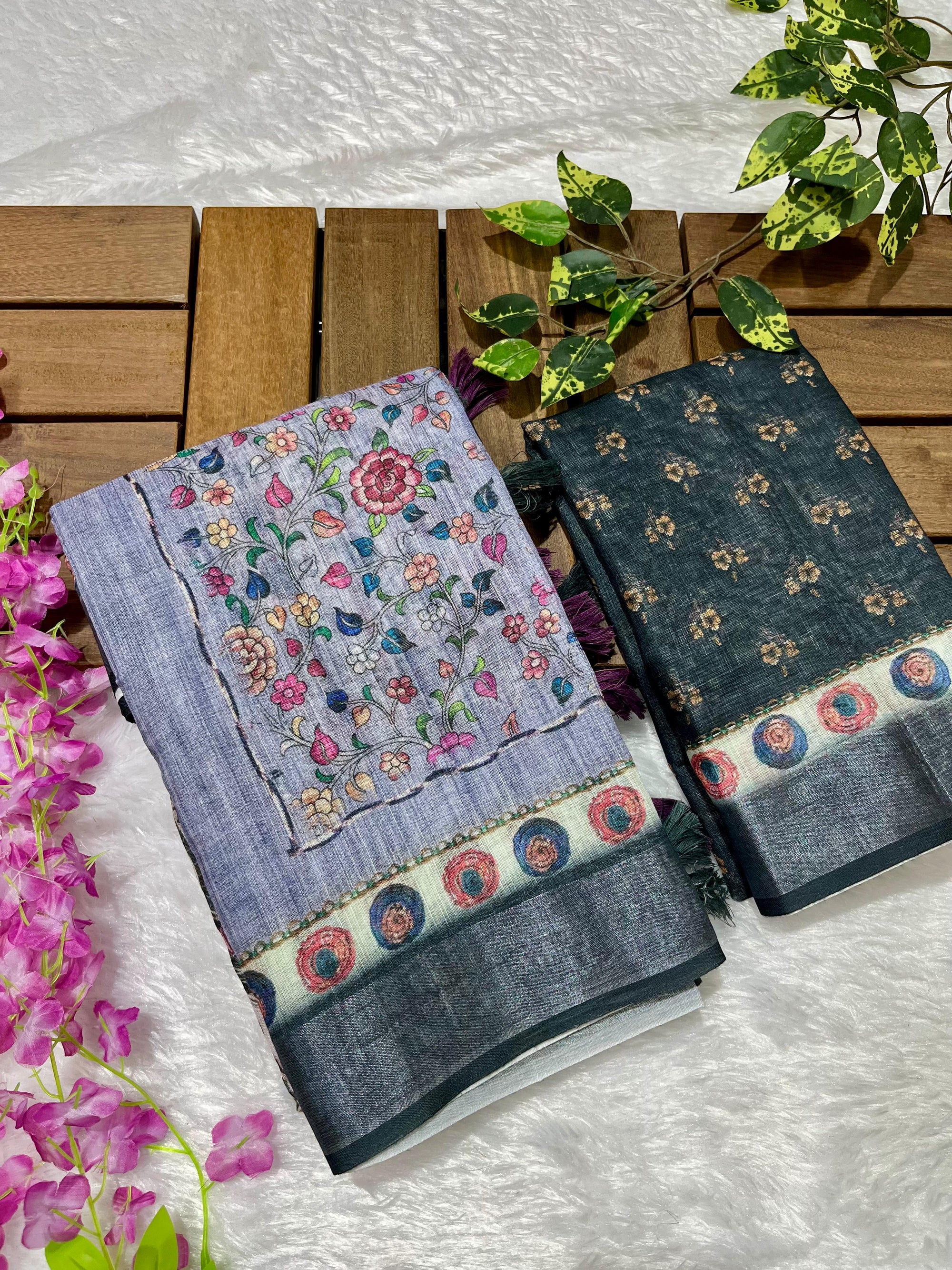 Linen Cotton Saree with Floral Digital Prints