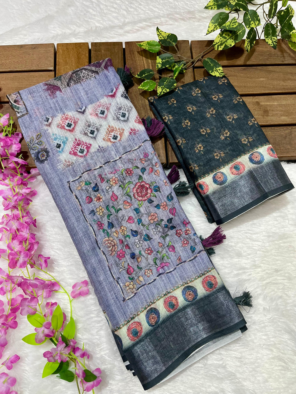 Linen Cotton Saree with Floral Digital Prints