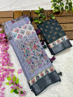 Linen Cotton Saree with Floral Digital Prints