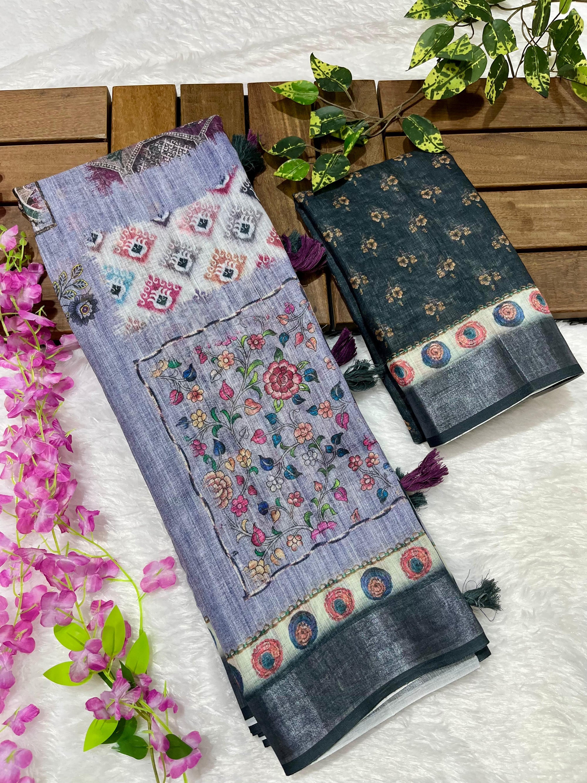 Linen Cotton Saree with Floral Digital Prints