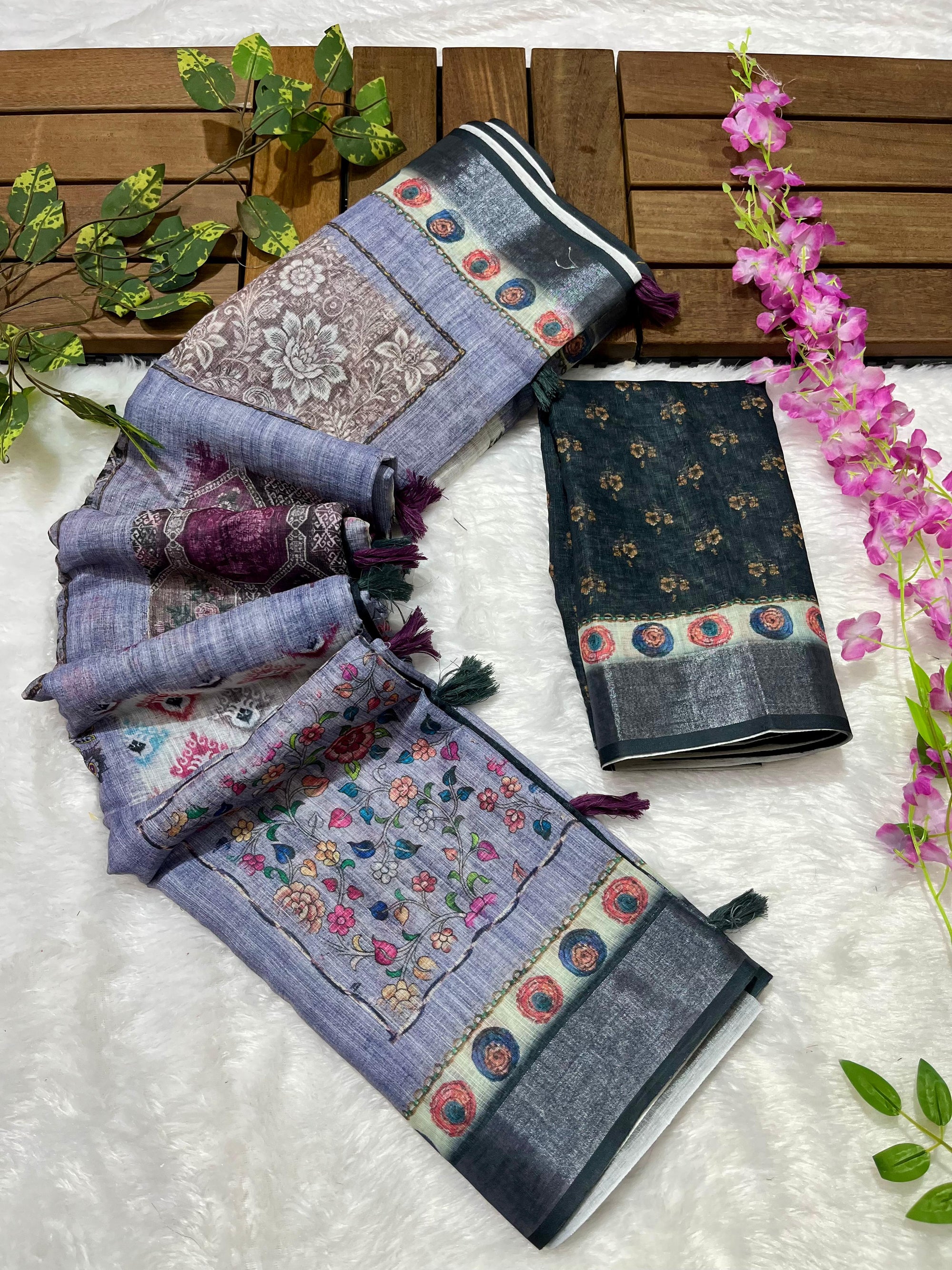 Linen Cotton Saree with Floral Digital Prints