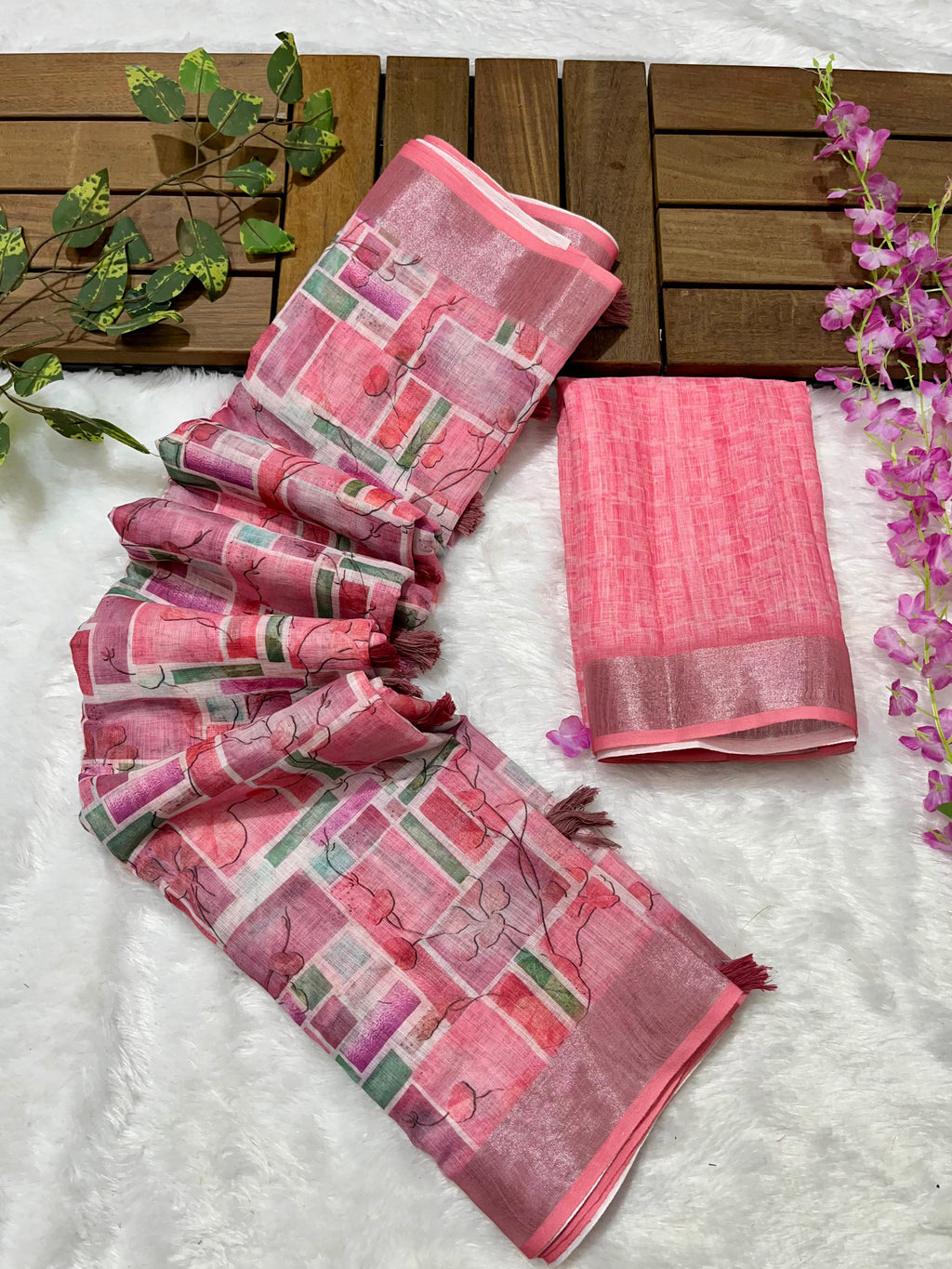 Linen Cotton Saree with Floral Digital Prints