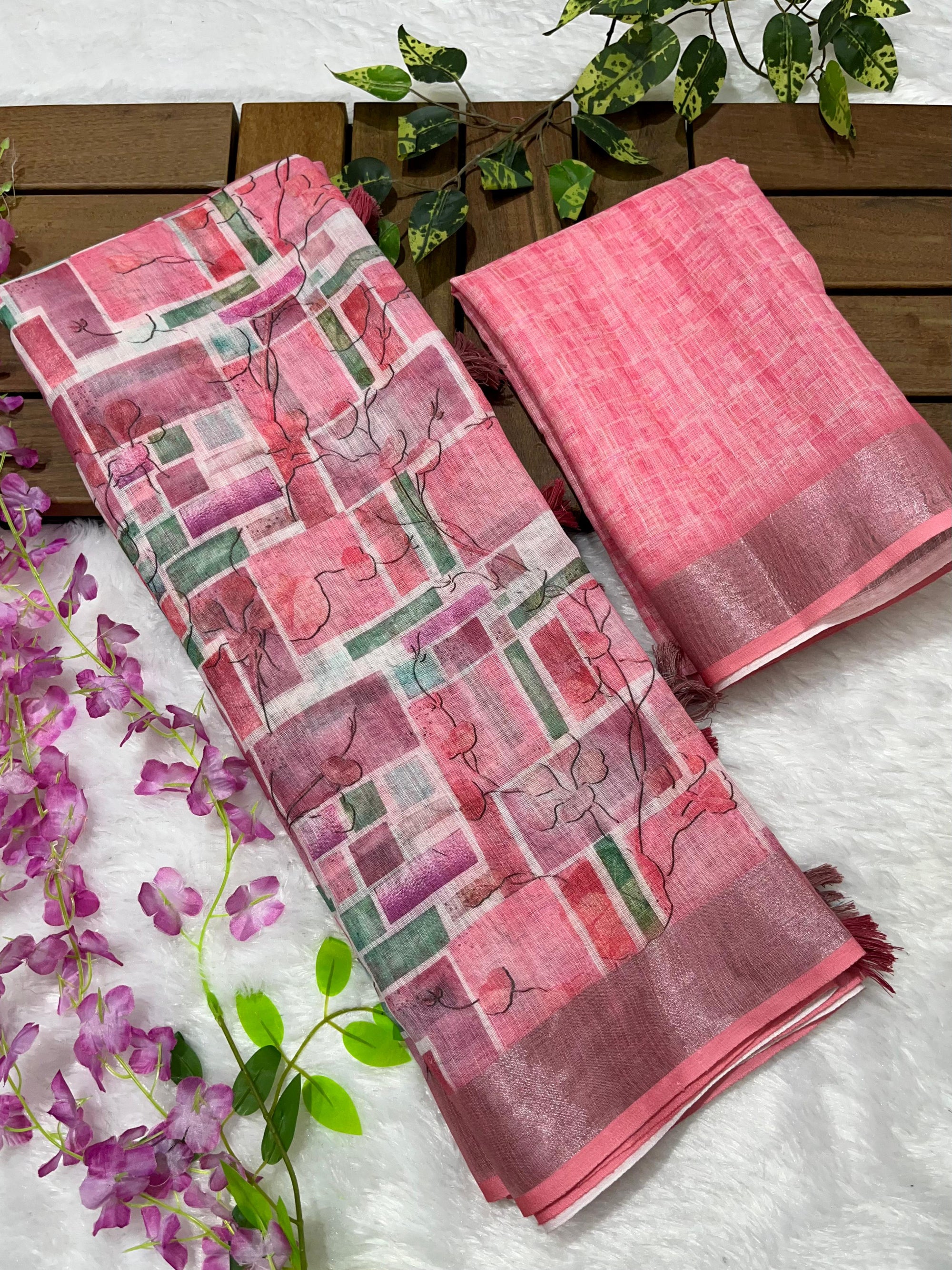 Linen Cotton Saree with Floral Digital Prints