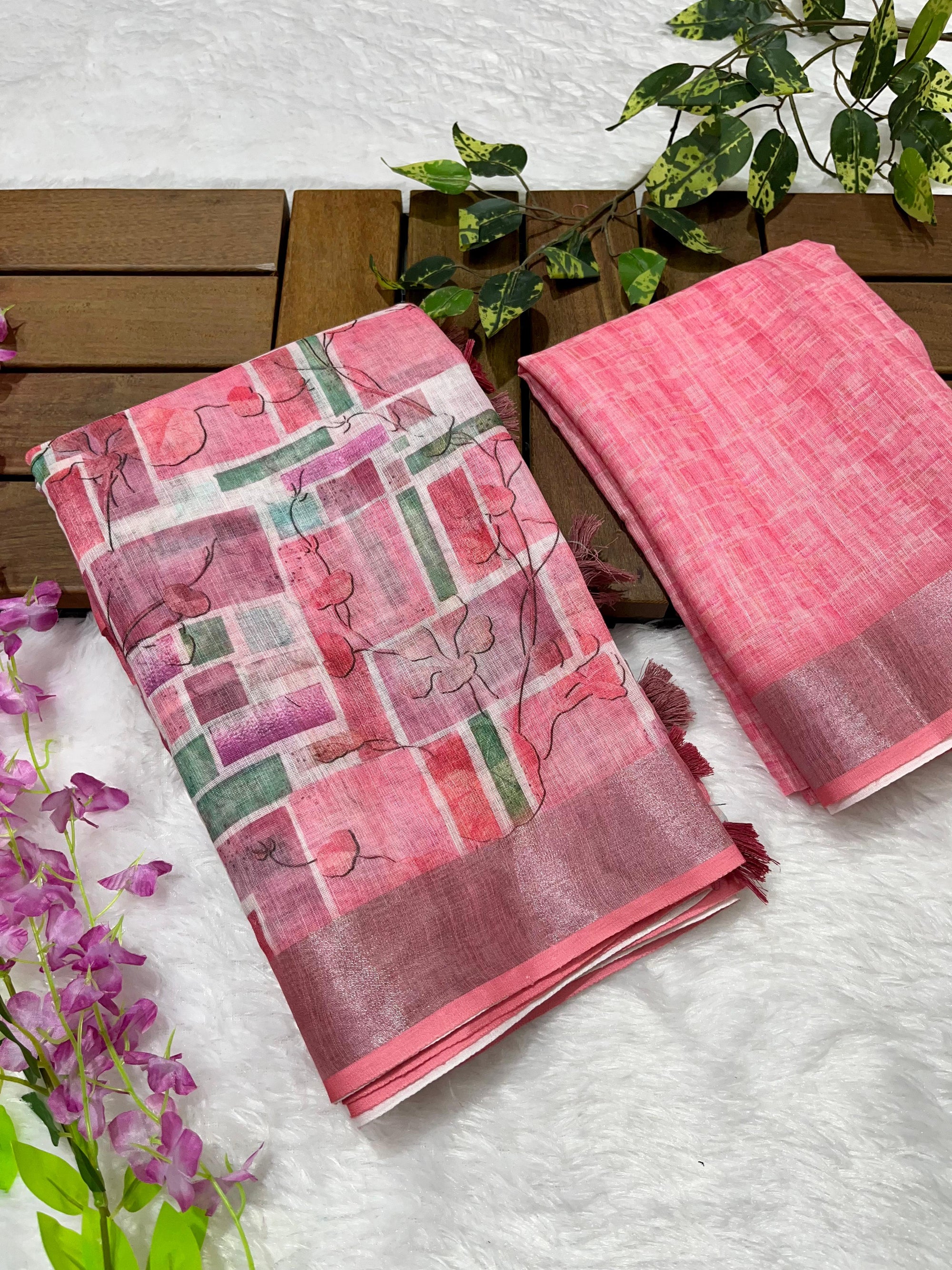 Linen Cotton Saree with Floral Digital Prints