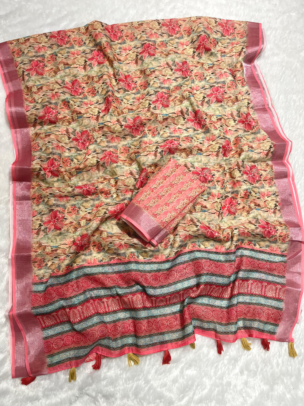 Linen Cotton Saree with Floral Digital Prints