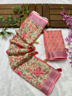 Linen Cotton Saree with Floral Digital Prints
