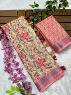Linen Cotton Saree with Floral Digital Prints