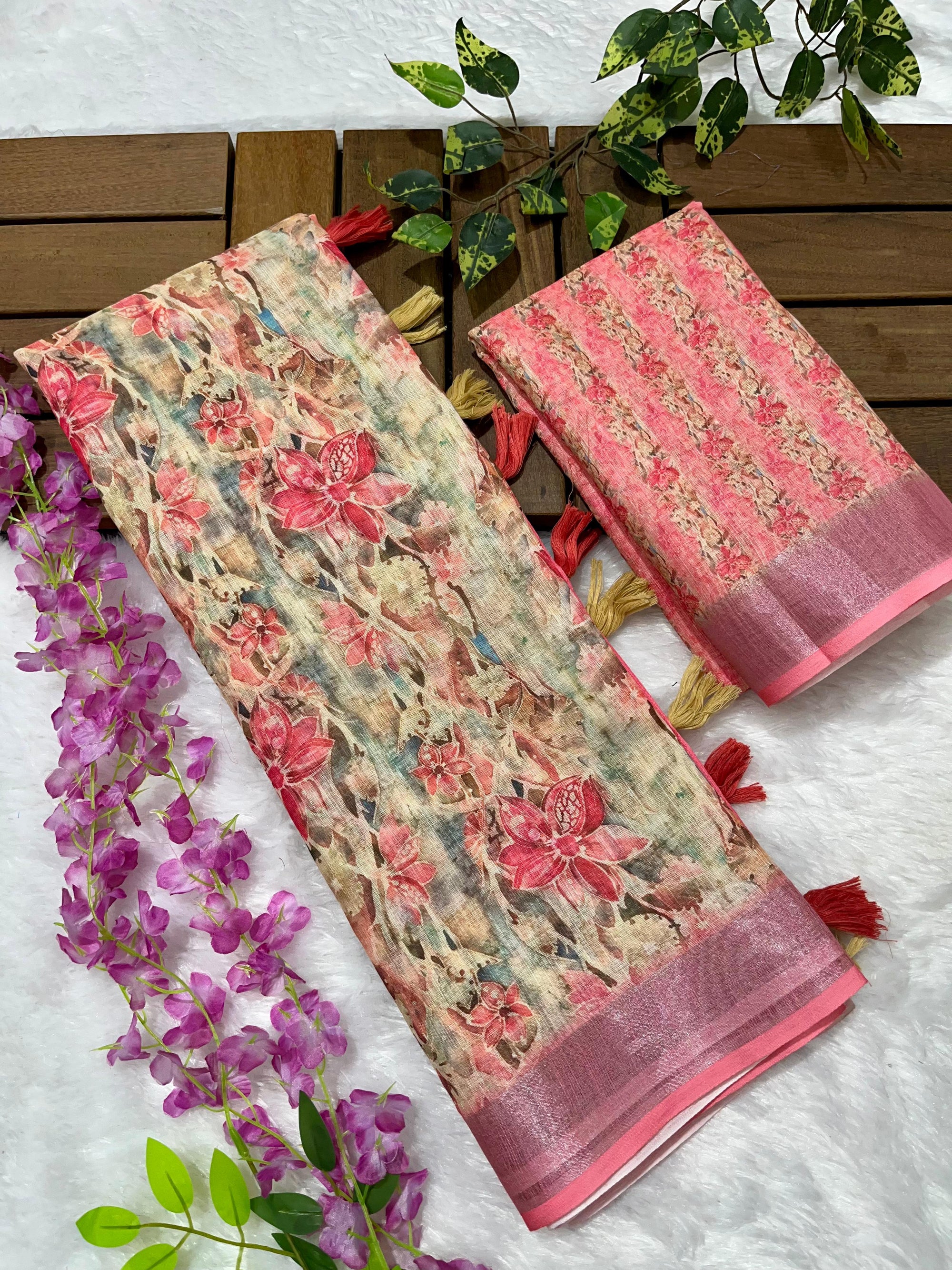 Linen Cotton Saree with Floral Digital Prints