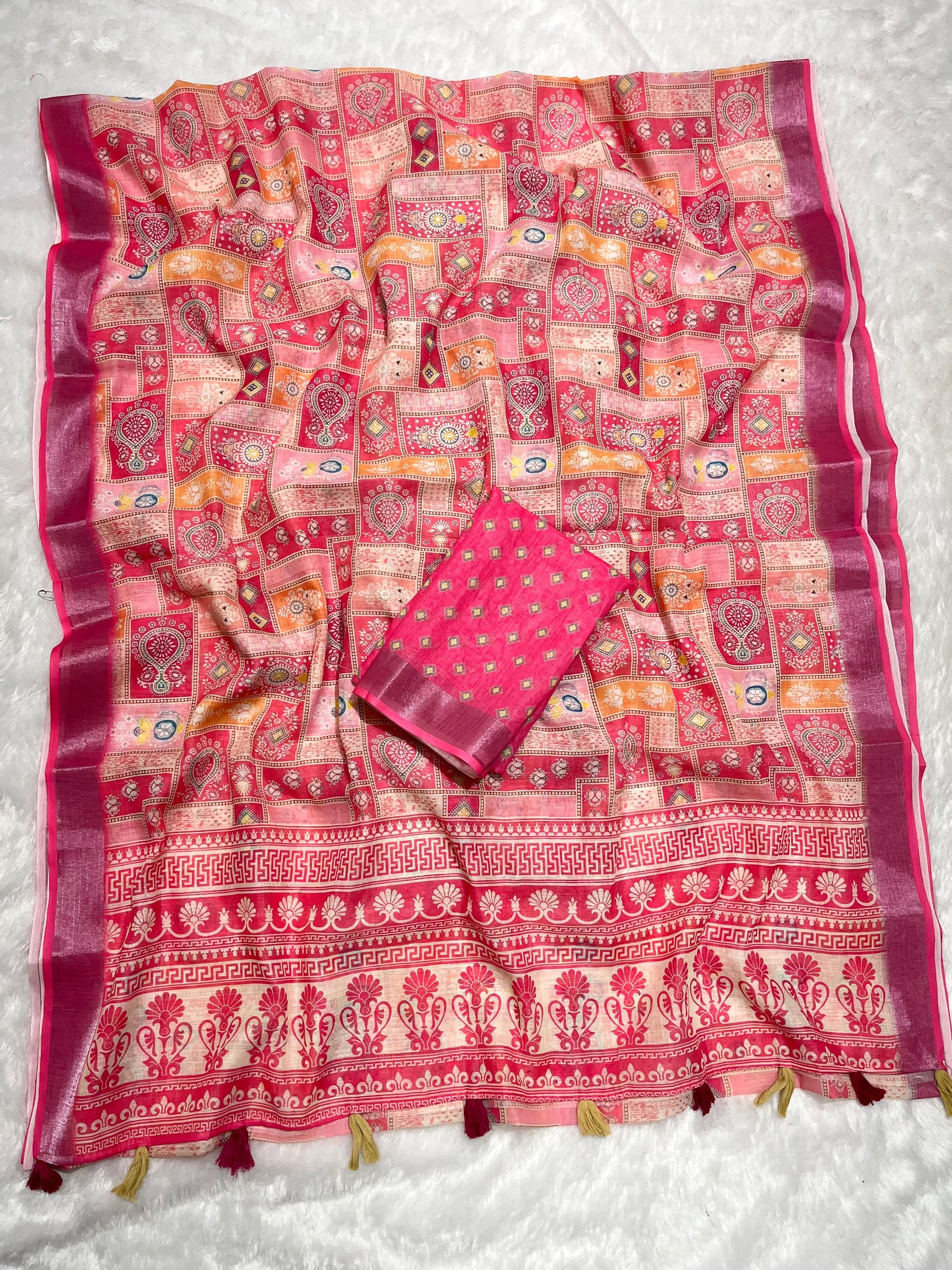 Linen Cotton Saree with Floral Digital Prints