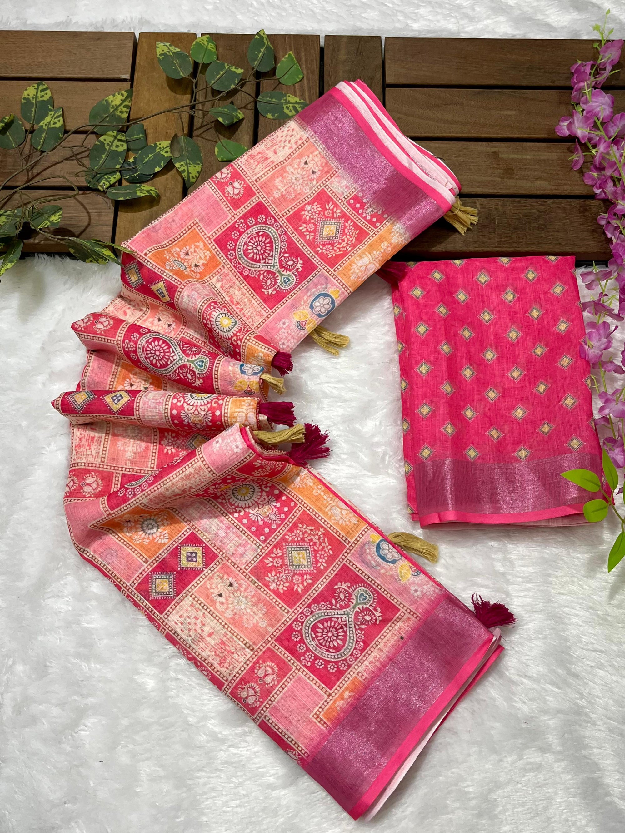 Linen Cotton Saree with Floral Digital Prints