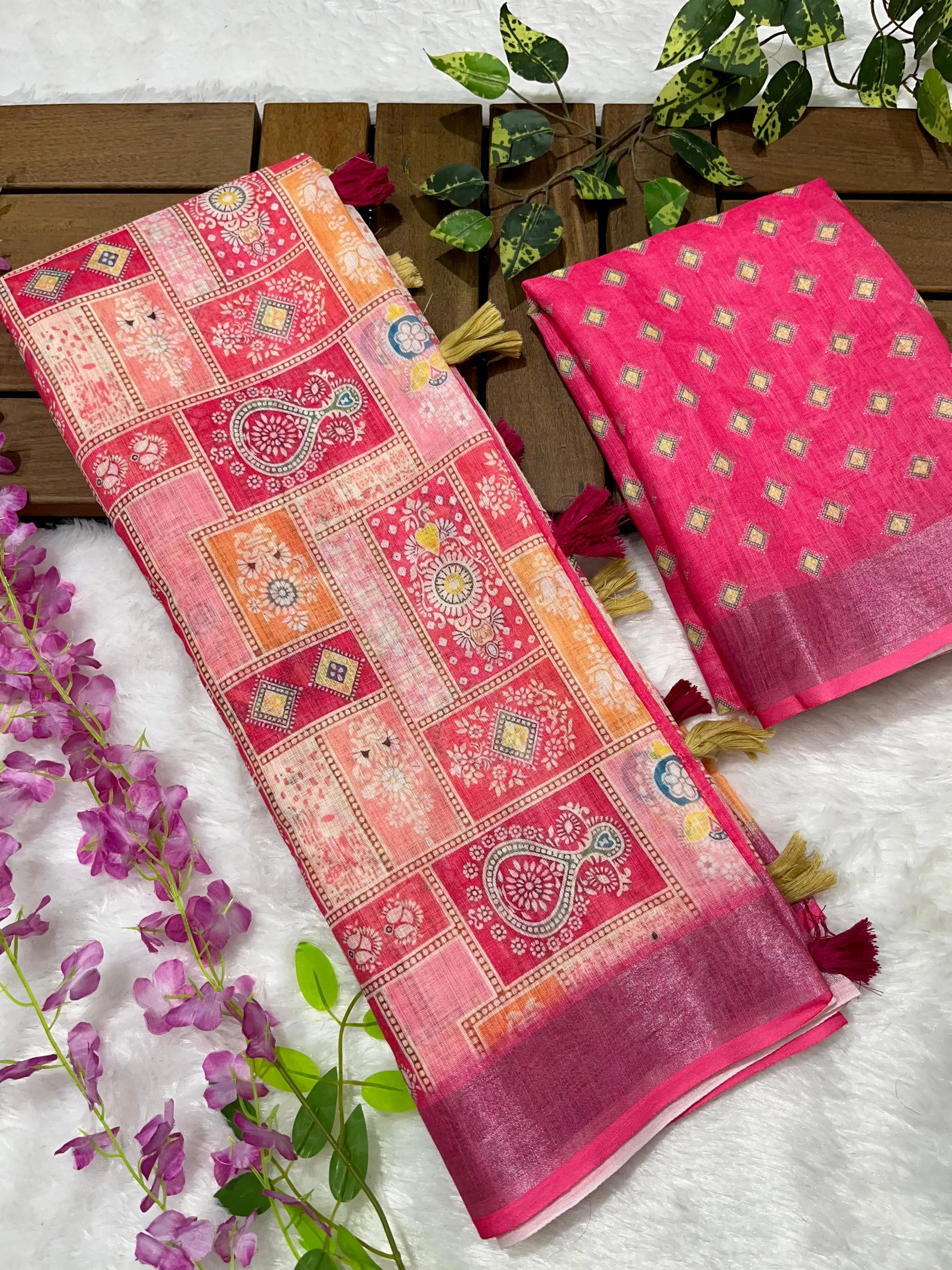 Linen Cotton Saree with Floral Digital Prints
