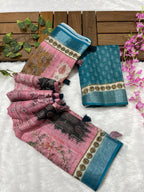 Linen Cotton Saree with Floral Digital Prints