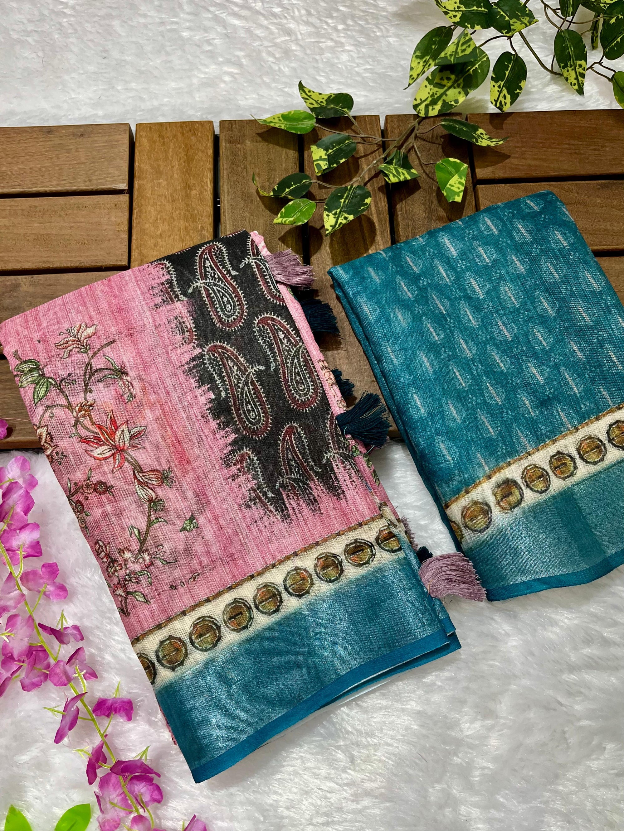Linen Cotton Saree with Floral Digital Prints