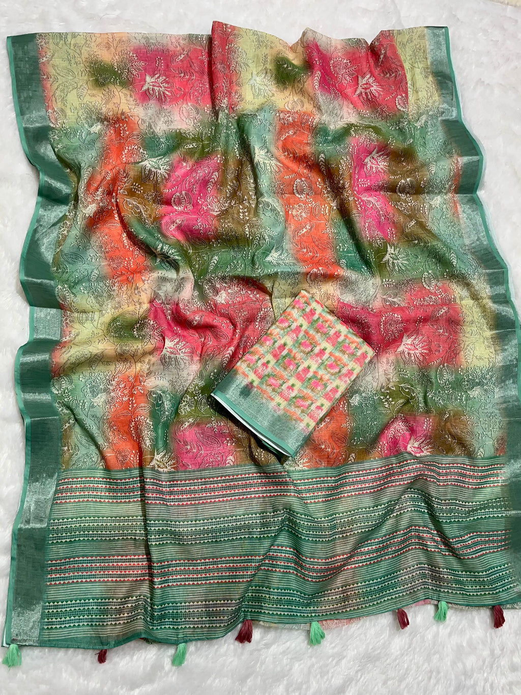 Linen Cotton Saree with Floral Digital Prints