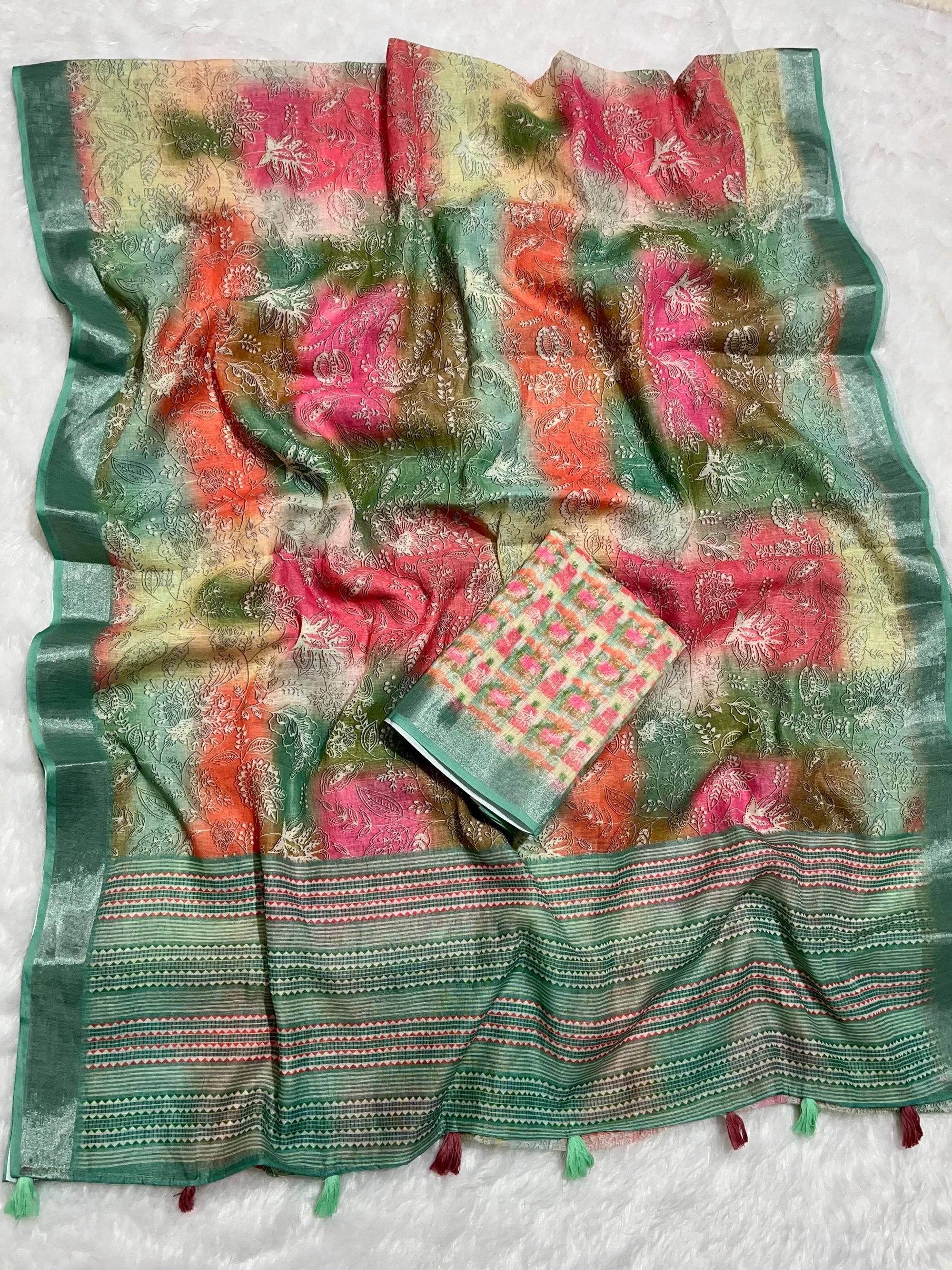 Linen Cotton Saree with Floral Digital Prints