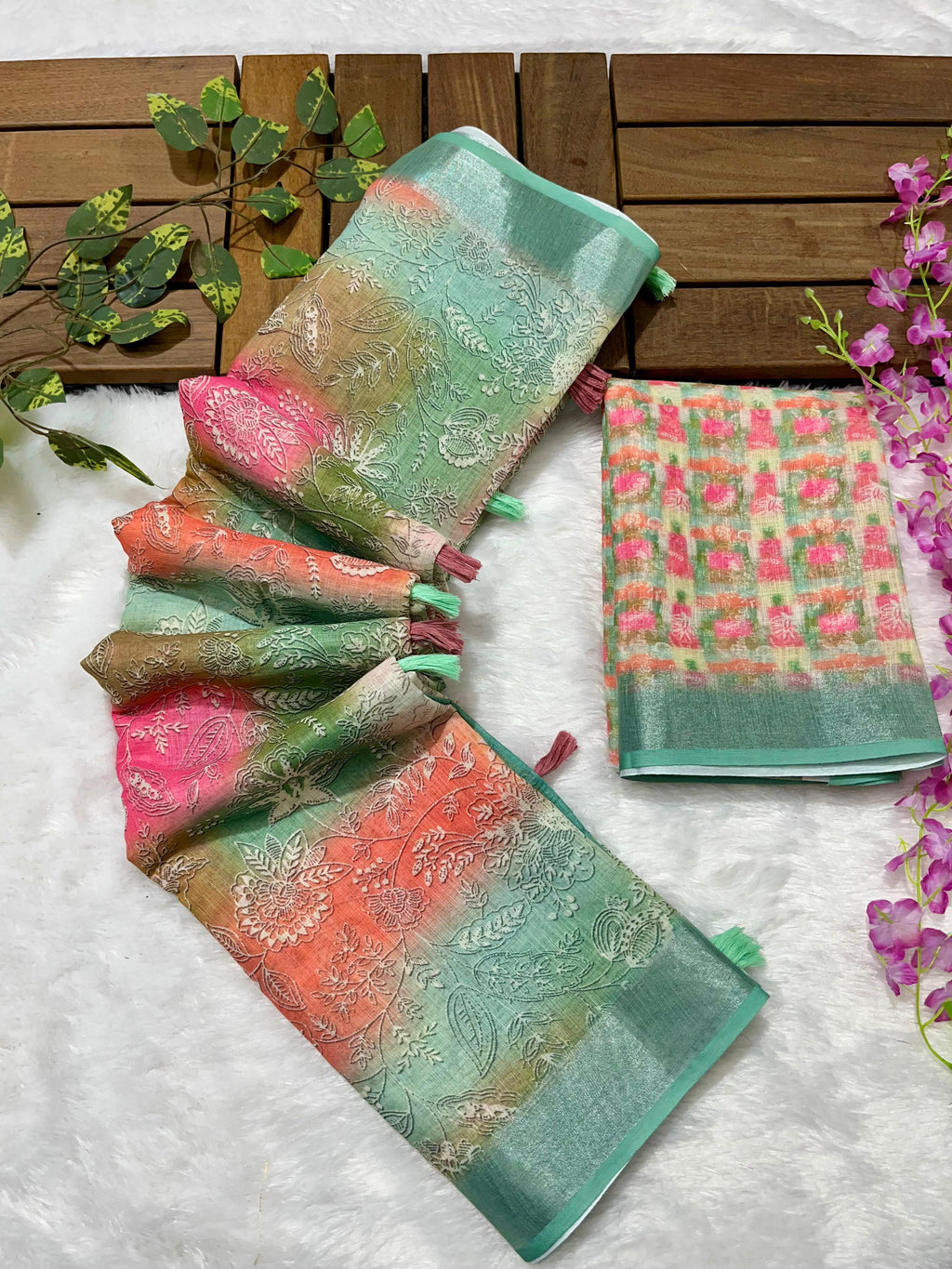 Linen Cotton Saree with Floral Digital Prints