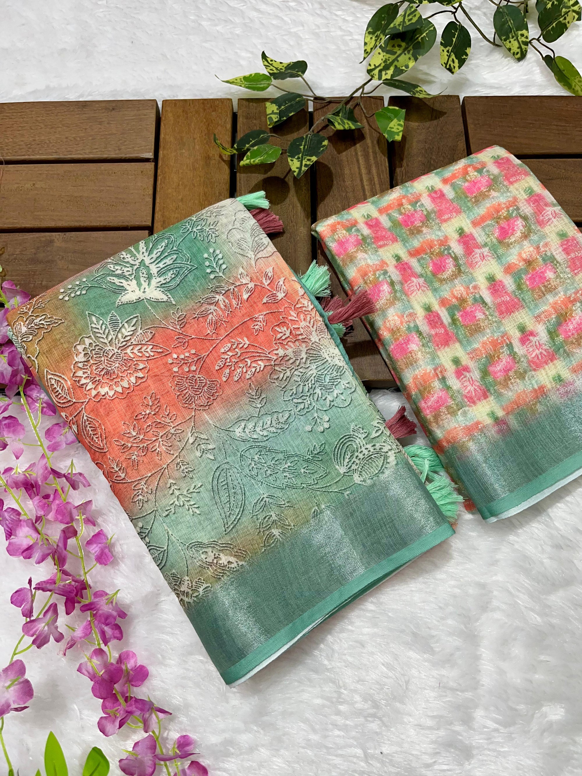 Linen Cotton Saree with Floral Digital Prints