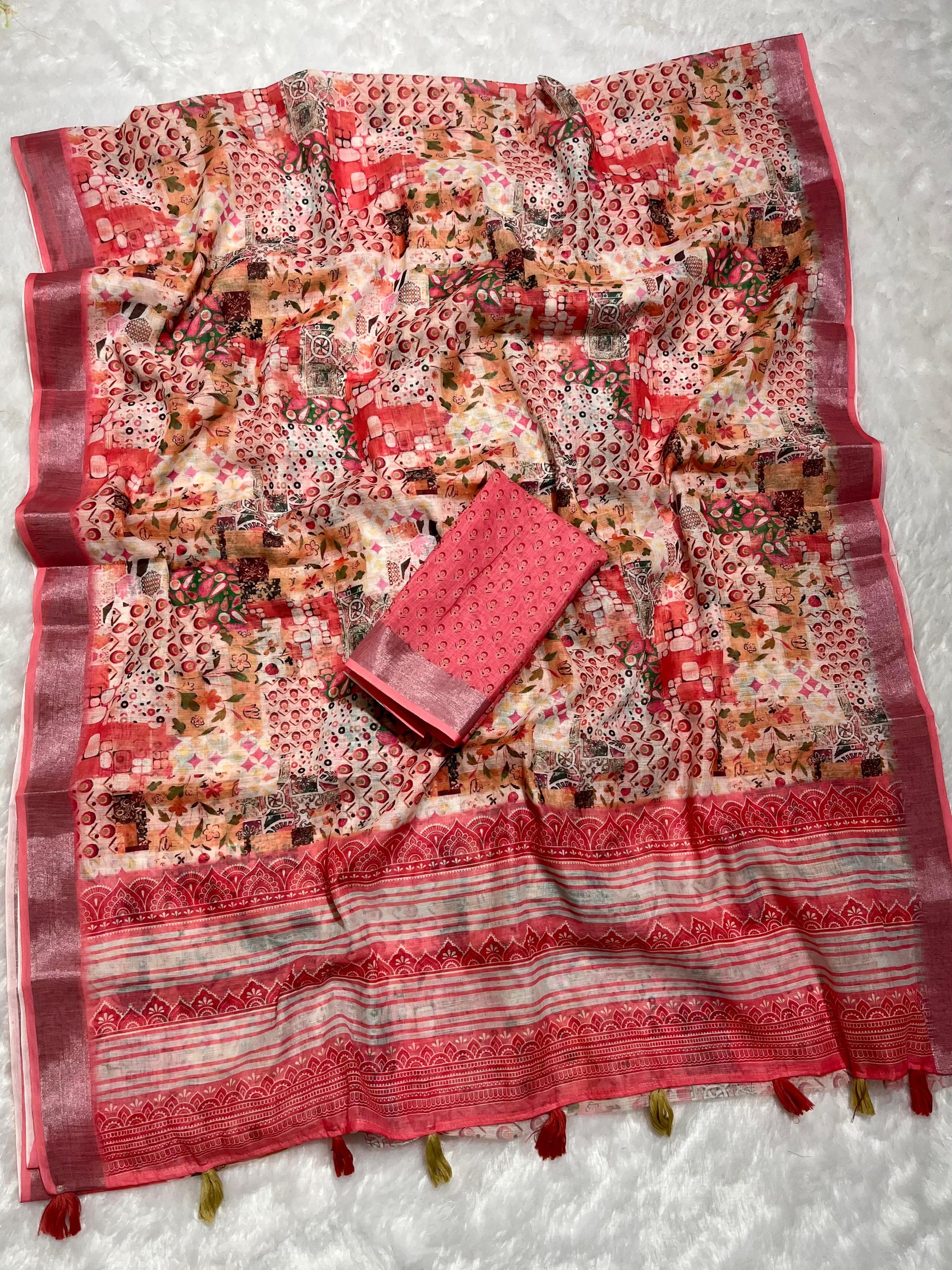 Linen Cotton Saree with Floral Digital Prints