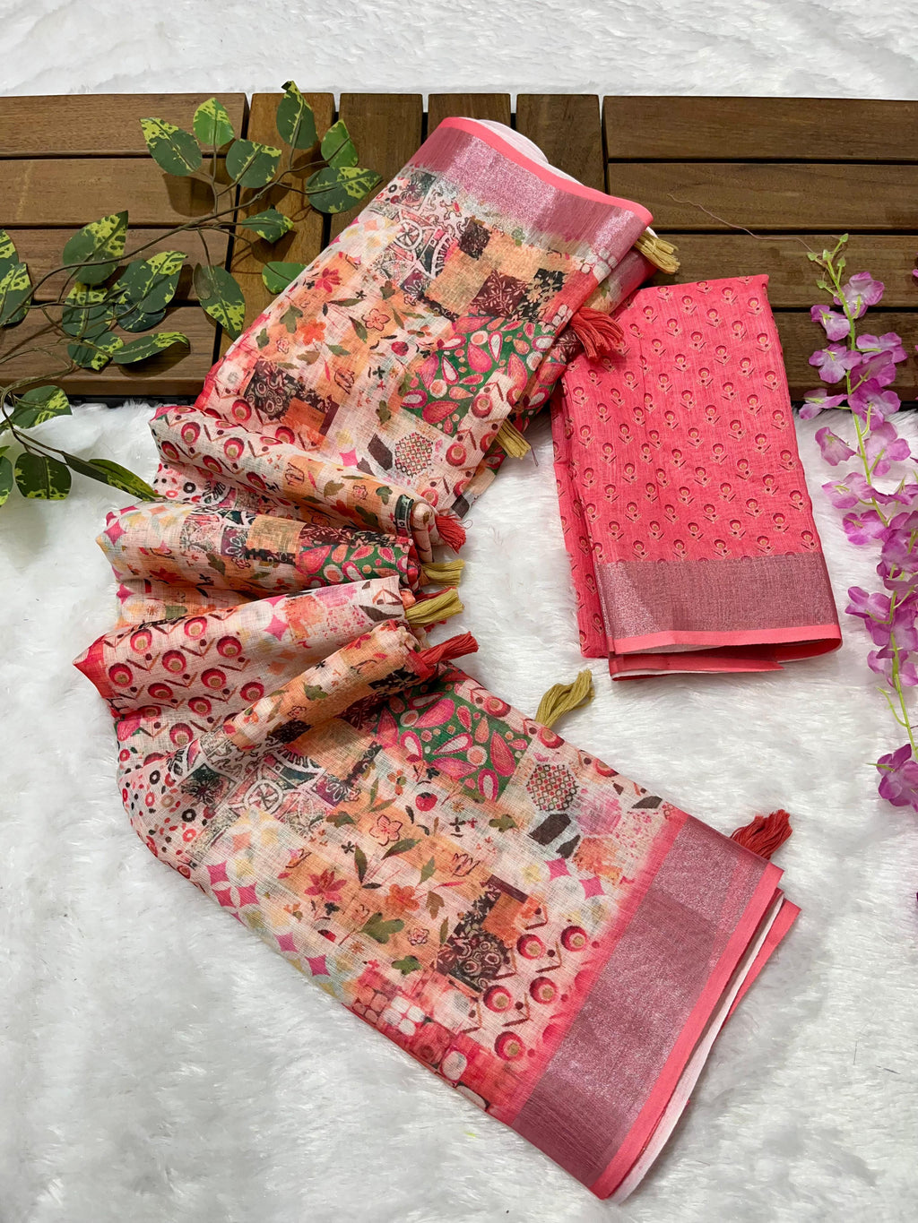 Linen Cotton Saree with Floral Digital Prints