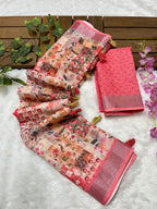 Linen Cotton Saree with Floral Digital Prints