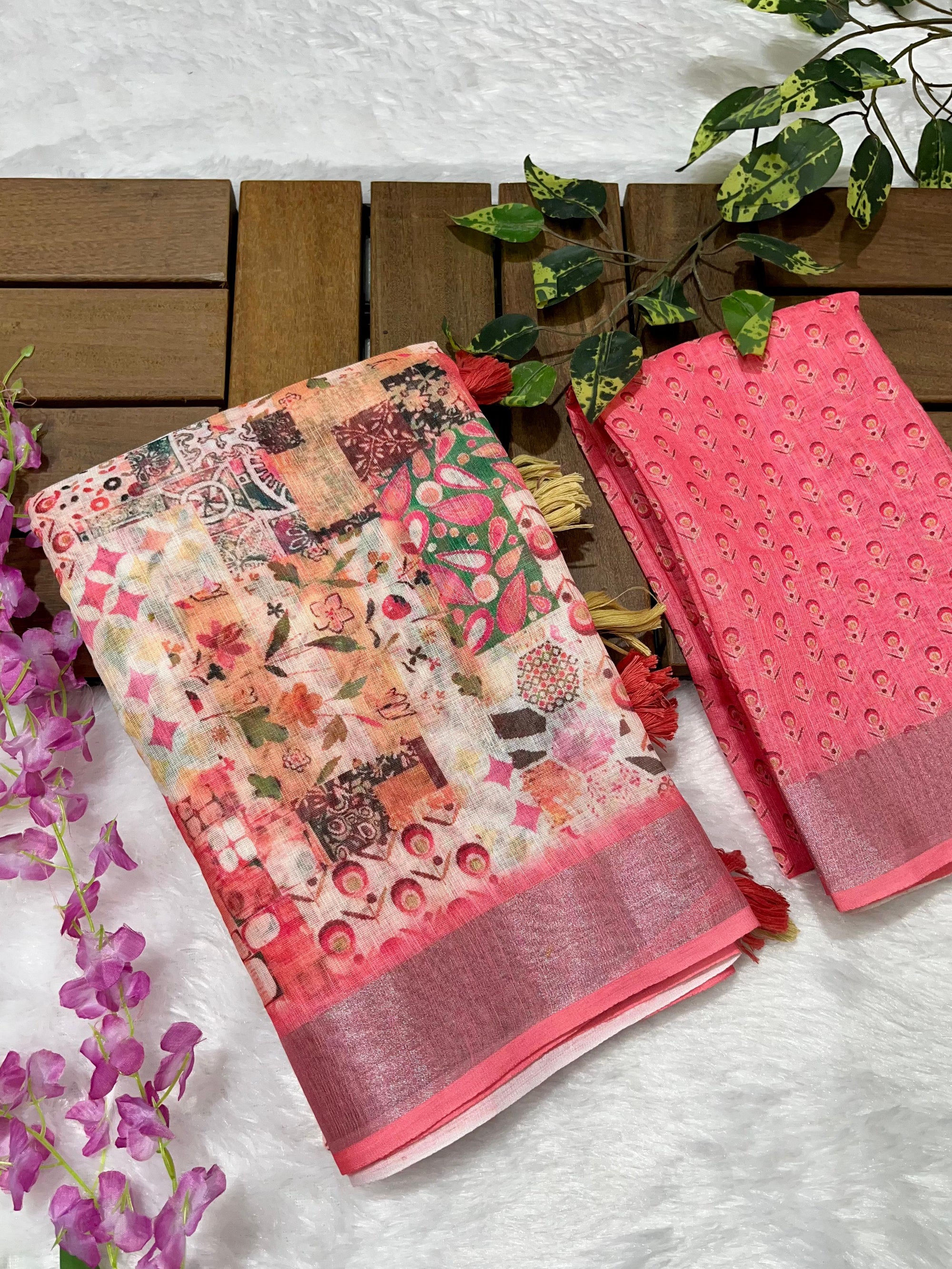 Linen Cotton Saree with Floral Digital Prints