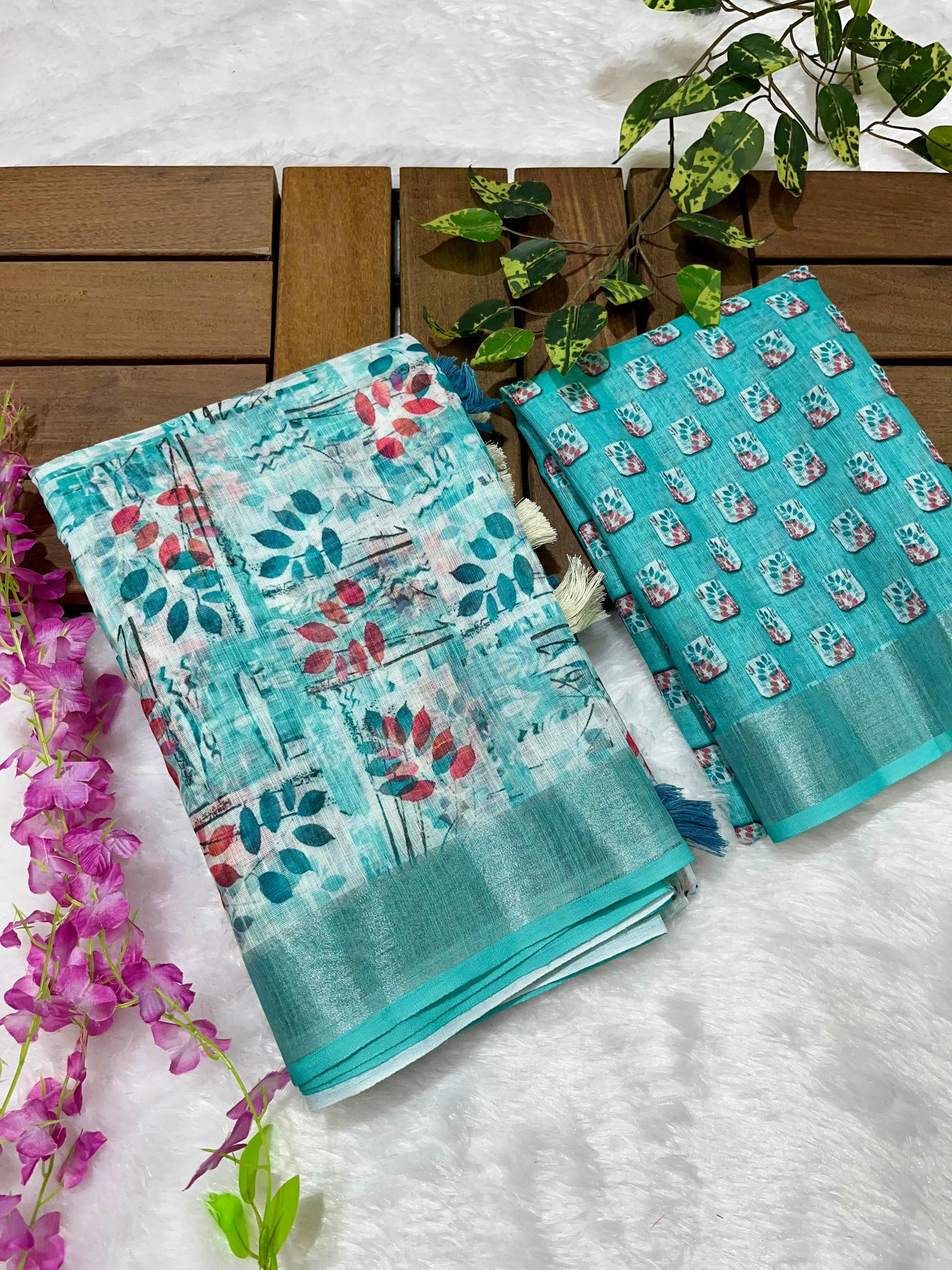 Linen Cotton Saree with Floral Digital Prints