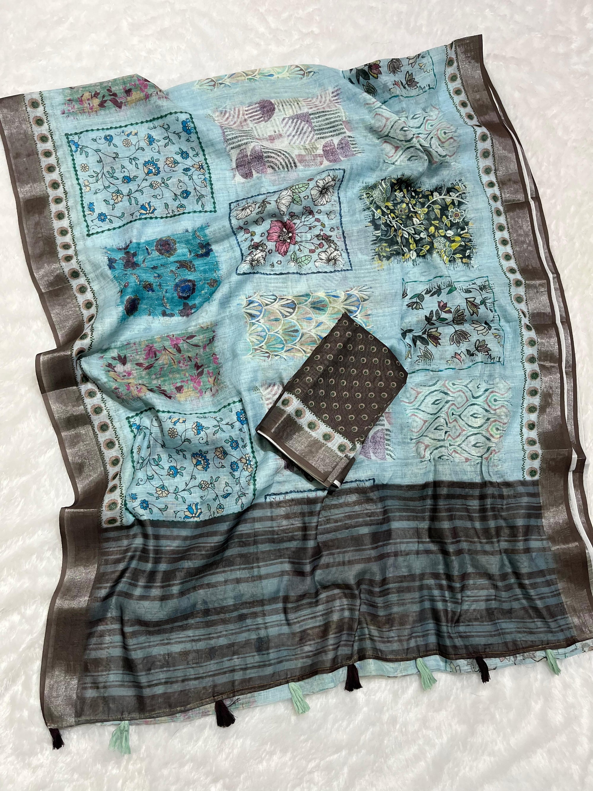 Linen Cotton Saree with Floral Digital Prints