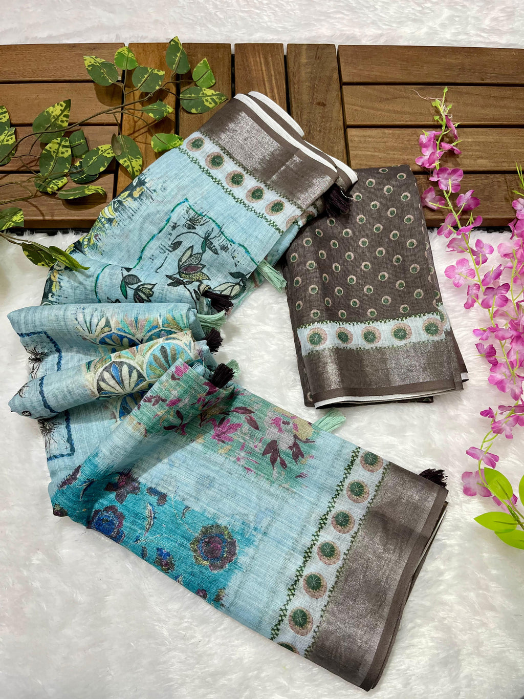 Linen Cotton Saree with Floral Digital Prints