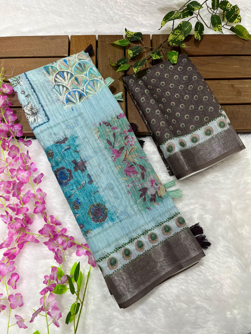 Linen Cotton Saree with Floral Digital Prints