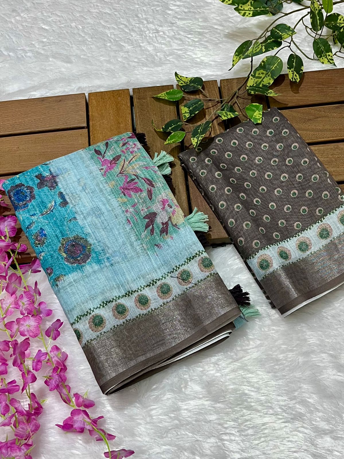 Linen Cotton Saree with Floral Digital Prints