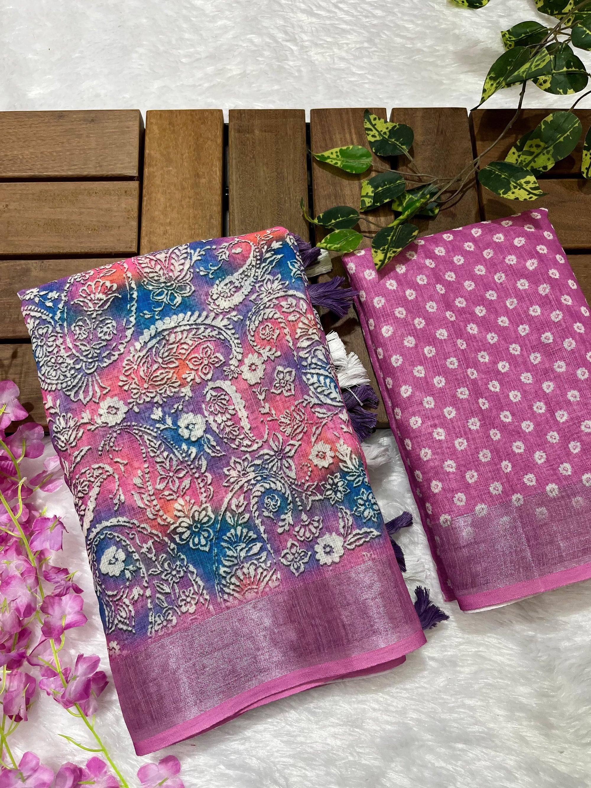 Linen Cotton Saree with Floral Digital Prints
