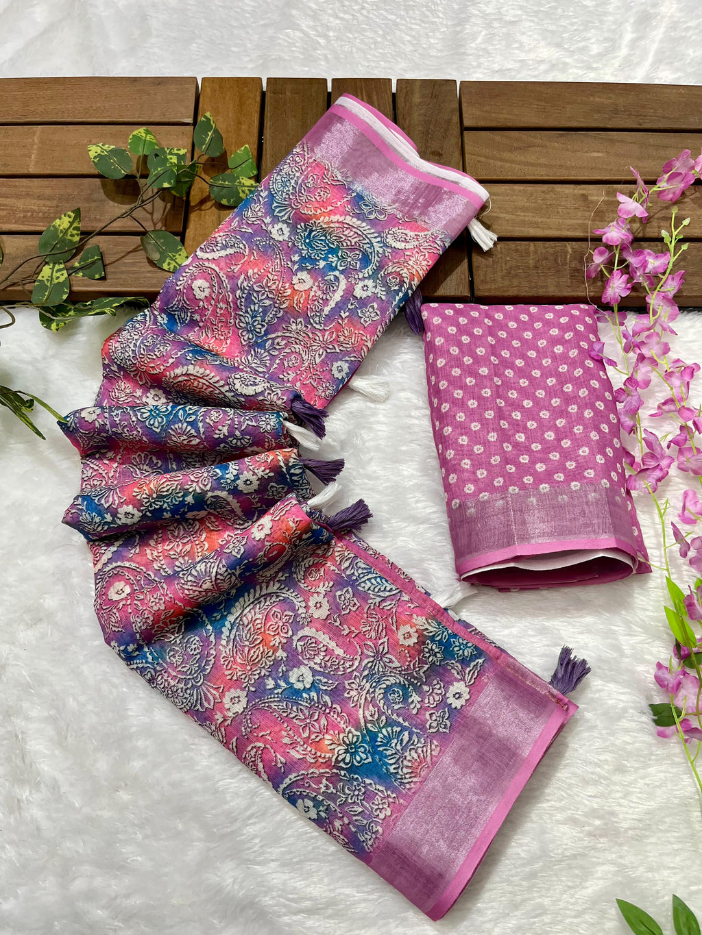 Linen Cotton Saree with Floral Digital Prints