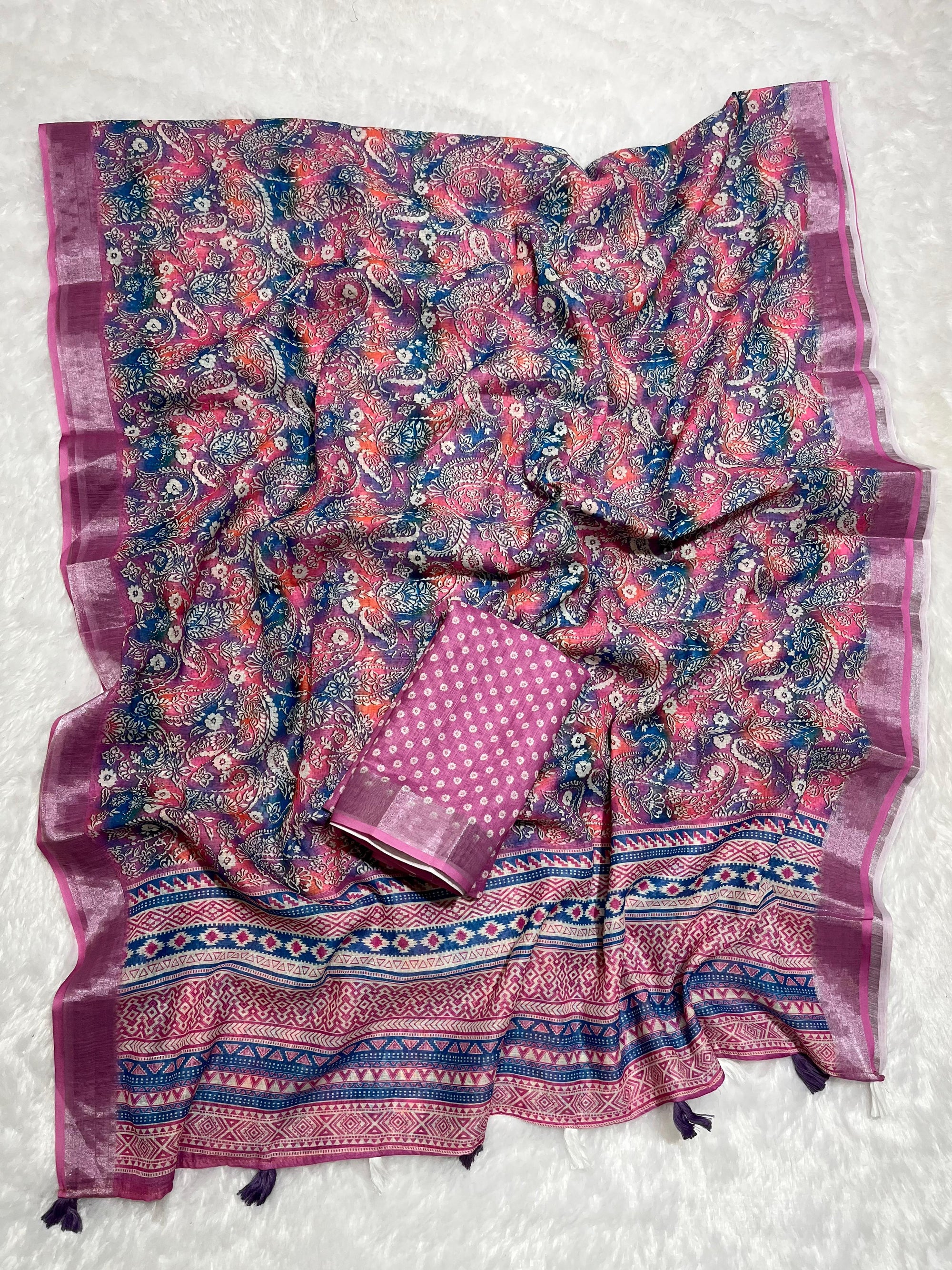 Linen Cotton Saree with Floral Digital Prints