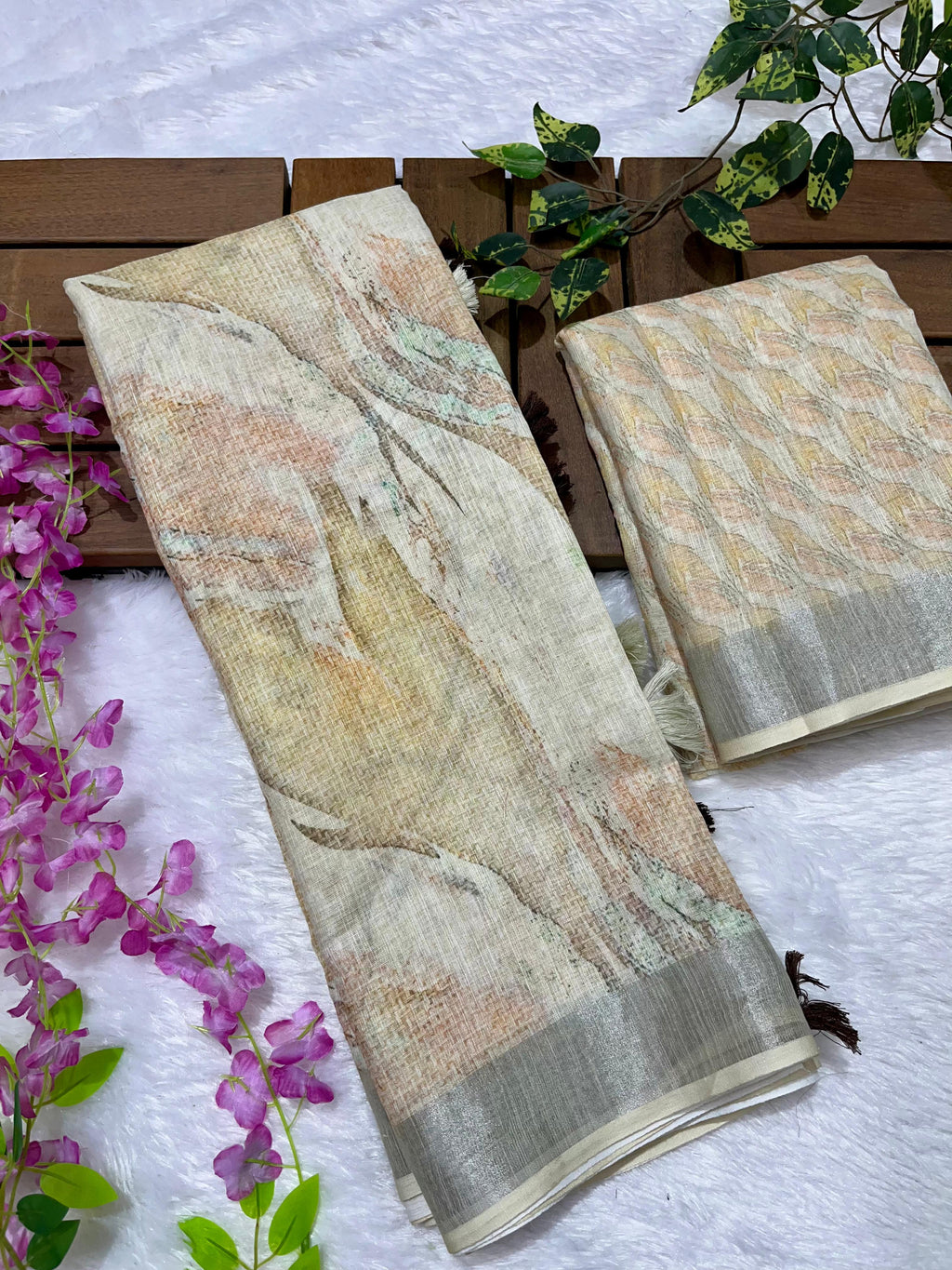 Linen Cotton Saree with Floral Digital Prints