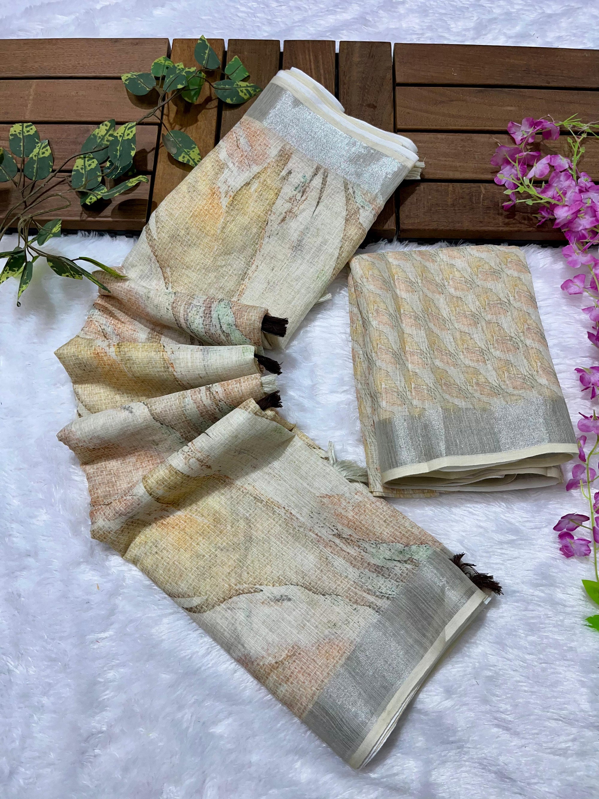 Linen Cotton Saree with Floral Digital Prints